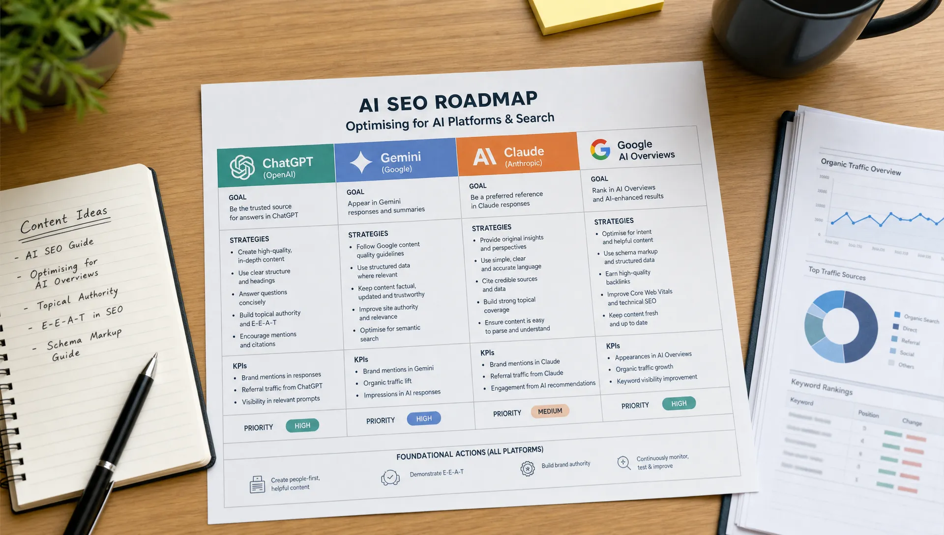 A printed AI SEO roadmap on a desk shows sections for ChatGPT, Gemini, Claude and Google AI Overviews beside notebooks and reports.