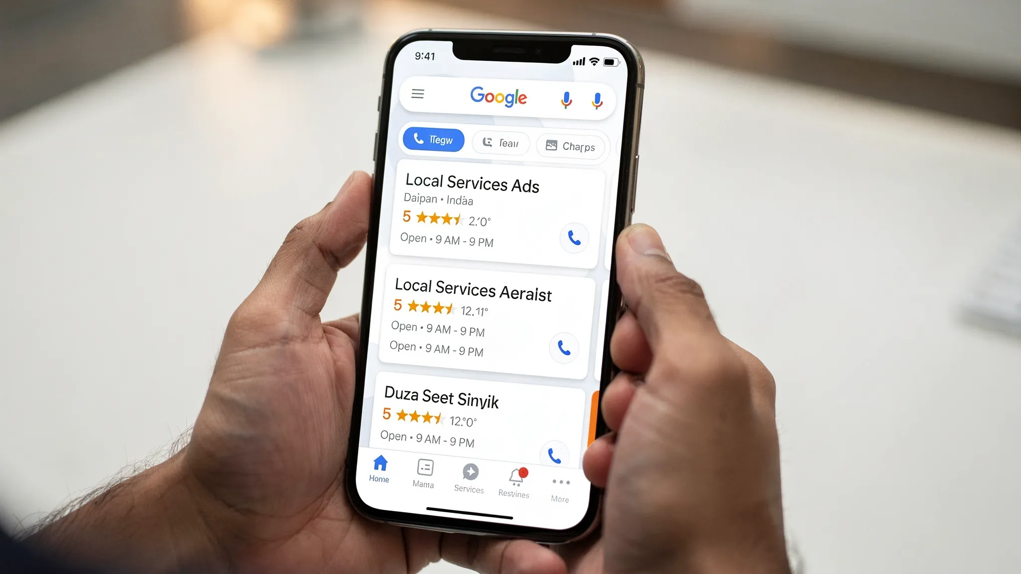 A smartphone showing a Google search results page for a local service query in India, with three Local Services Ads at the top, each displaying business name, star rating, phone icon, and service hours.