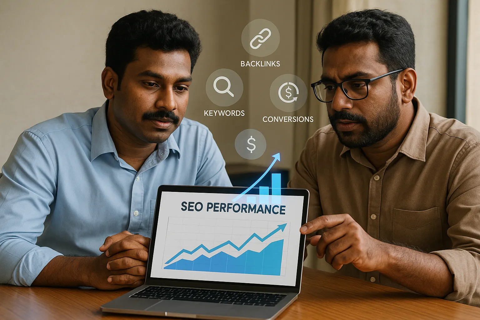 Illustration of two Chennai business owners studying an SEO performance dashboard on a laptop, with line graphs rising and icons for keywords, backlinks, and conversions floating above the screen.