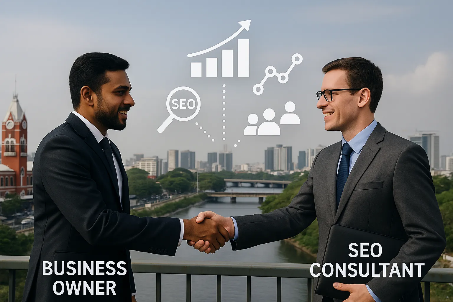 Graphic showing handshake between a business owner and an SEO consultant in front of the Chennai skyline with digital icons representing traffic growth.
