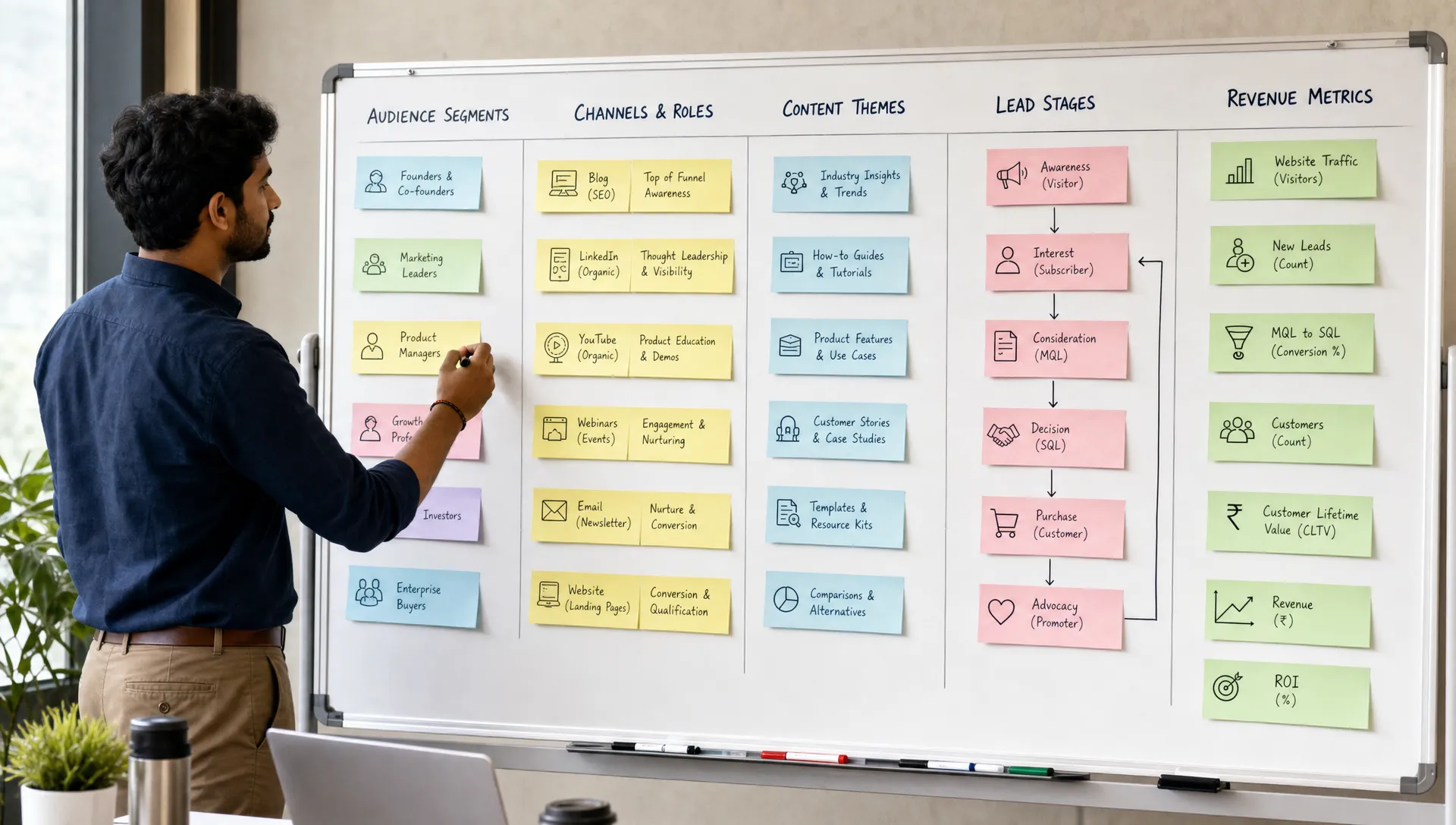 A strategy board maps audience segments, channel roles, content themes, lead stages and revenue metrics in a marketing workspace.