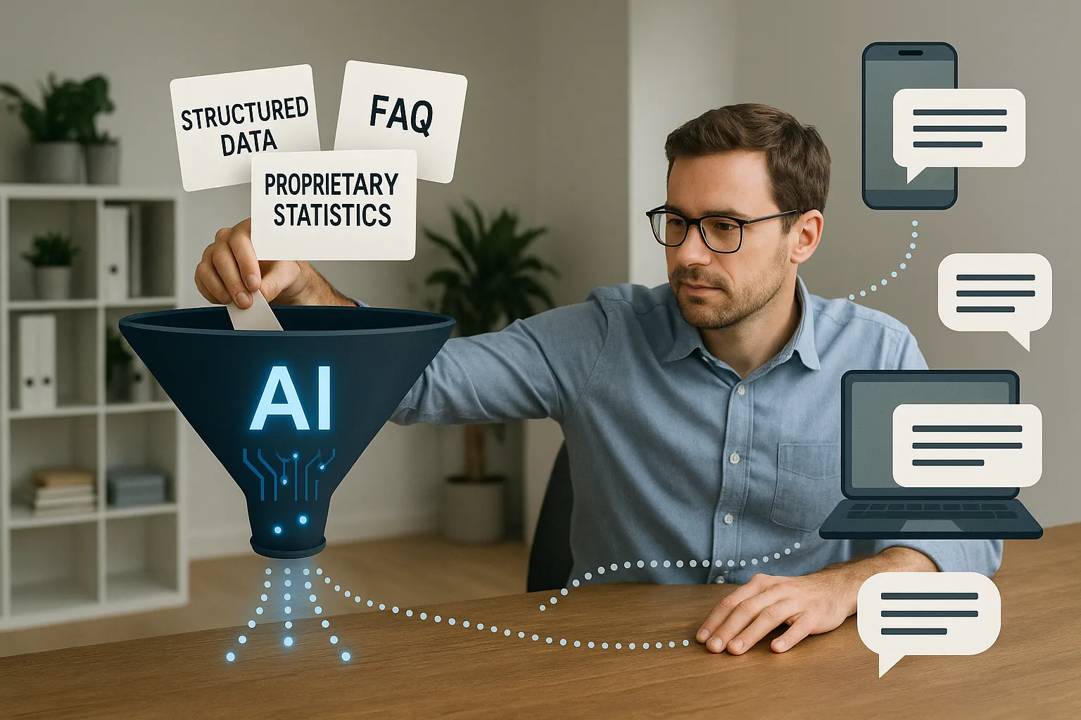 Illustration of a marketer feeding structured data, FAQs, and proprietary statistics into a futuristic AI engine shaped like a funnel; on the other side, diverse digital touchpoints receive enriched answers sourced from the brand.