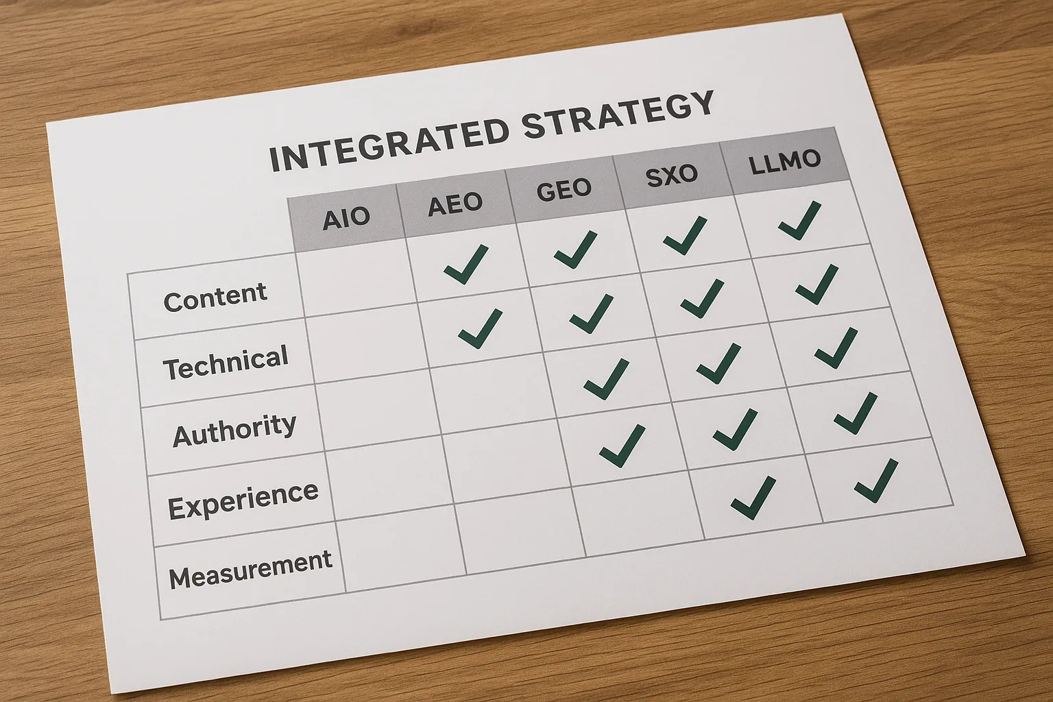 Matrix diagram showing five columns labelled AIO, AEO, GEO, SXO, LLMO and rows for Content, Technical, Authority, Experience, Measurement with checkmarks indicating overlap, demonstrating integrated strategy.