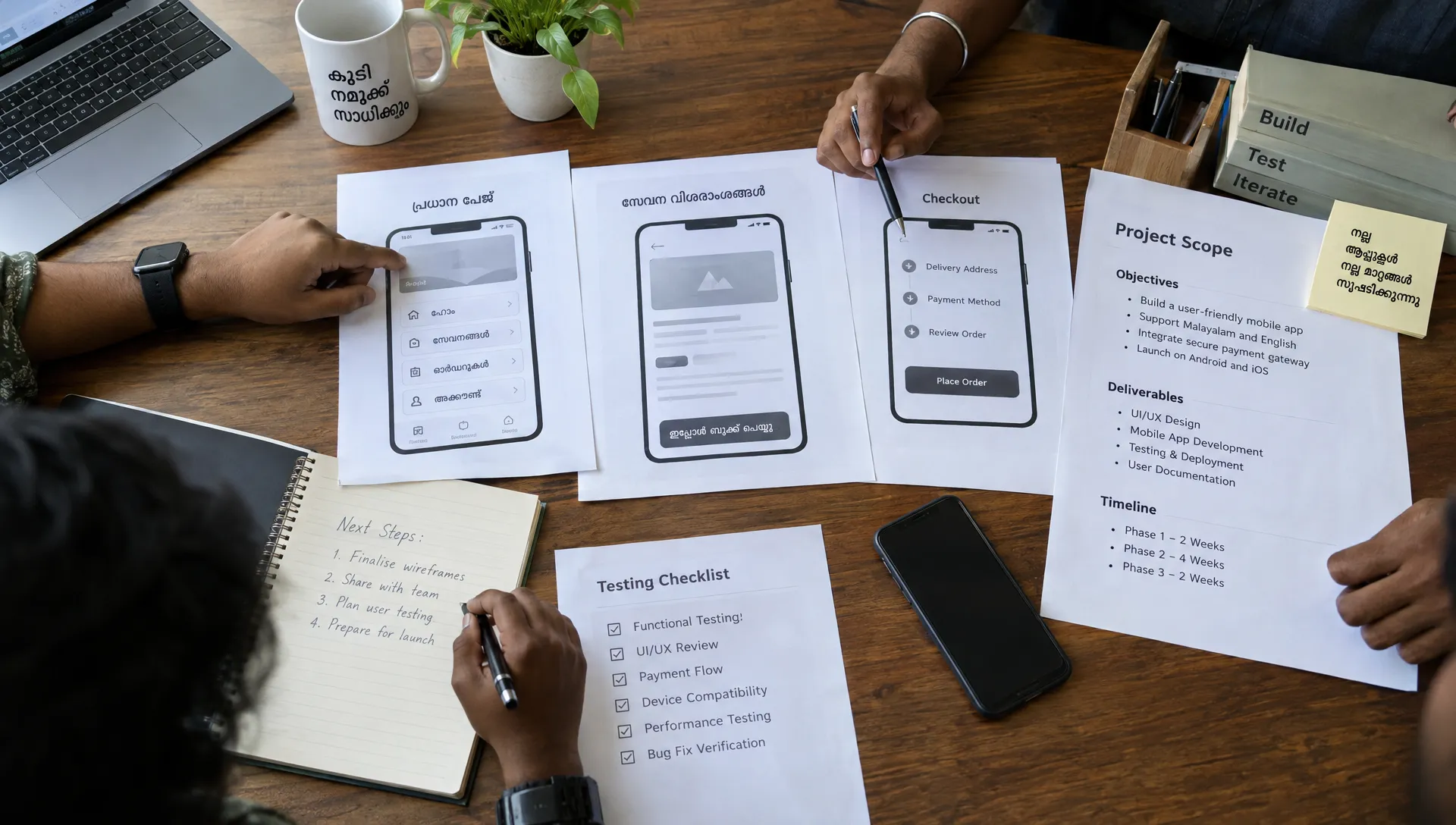 A business owner and developers compare Malayalam and English app wireframes with scope notes and a testing checklist.