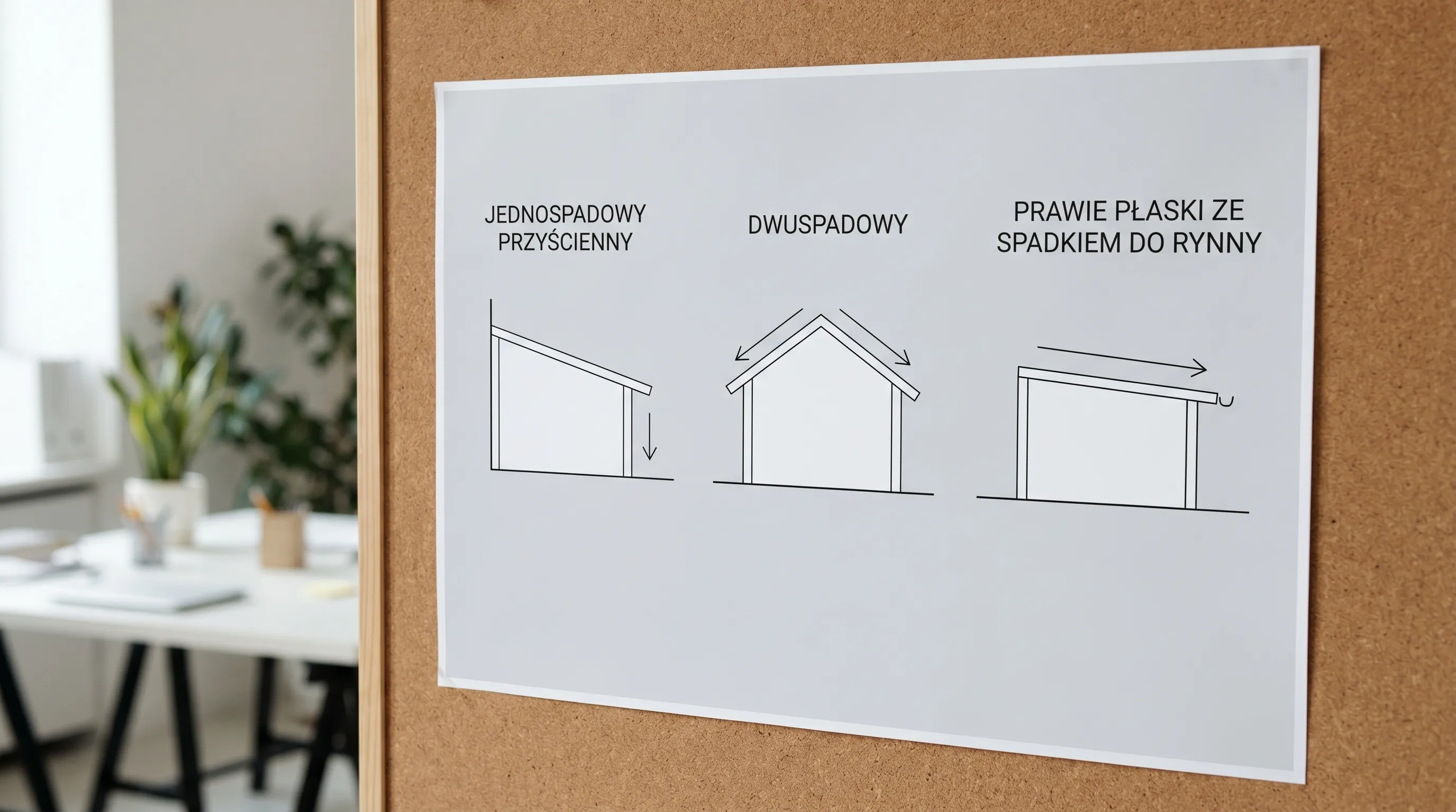 Prosty schemat porównujący trzy geometrie dachu ogrodu zimowego: jednospadowy przyścienny, dwuspadowy oraz prawie płaski ze spadkiem do rynny. Każdy wariant pokazany jako minimalistyczny rysunek bryły z zaznaczonym kierunkiem spływu wody.