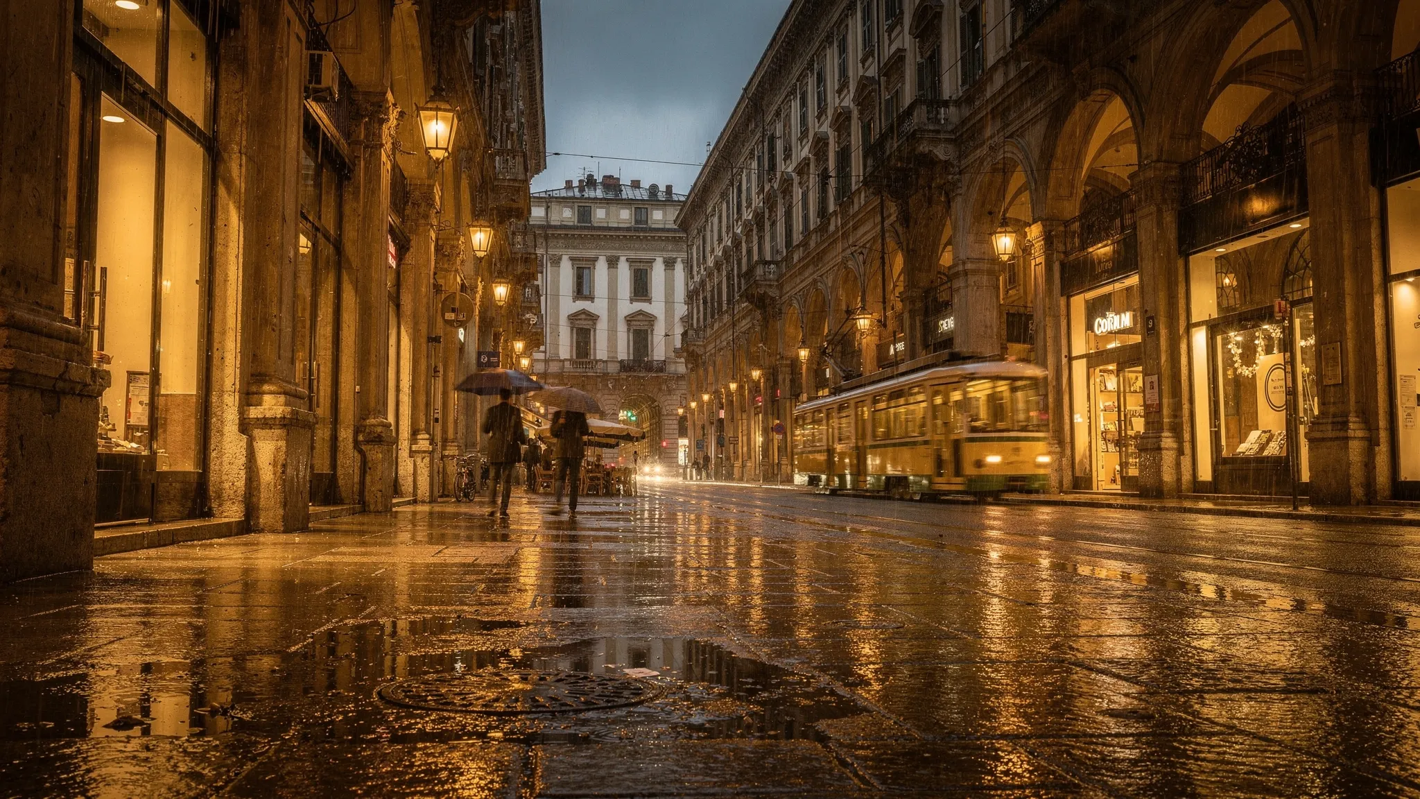 A rainy evening in Turin under long covered arcades, warm cafe lights reflecting on wet stone pavement, a tram passing in the background, and elegant historic facades lining the street.