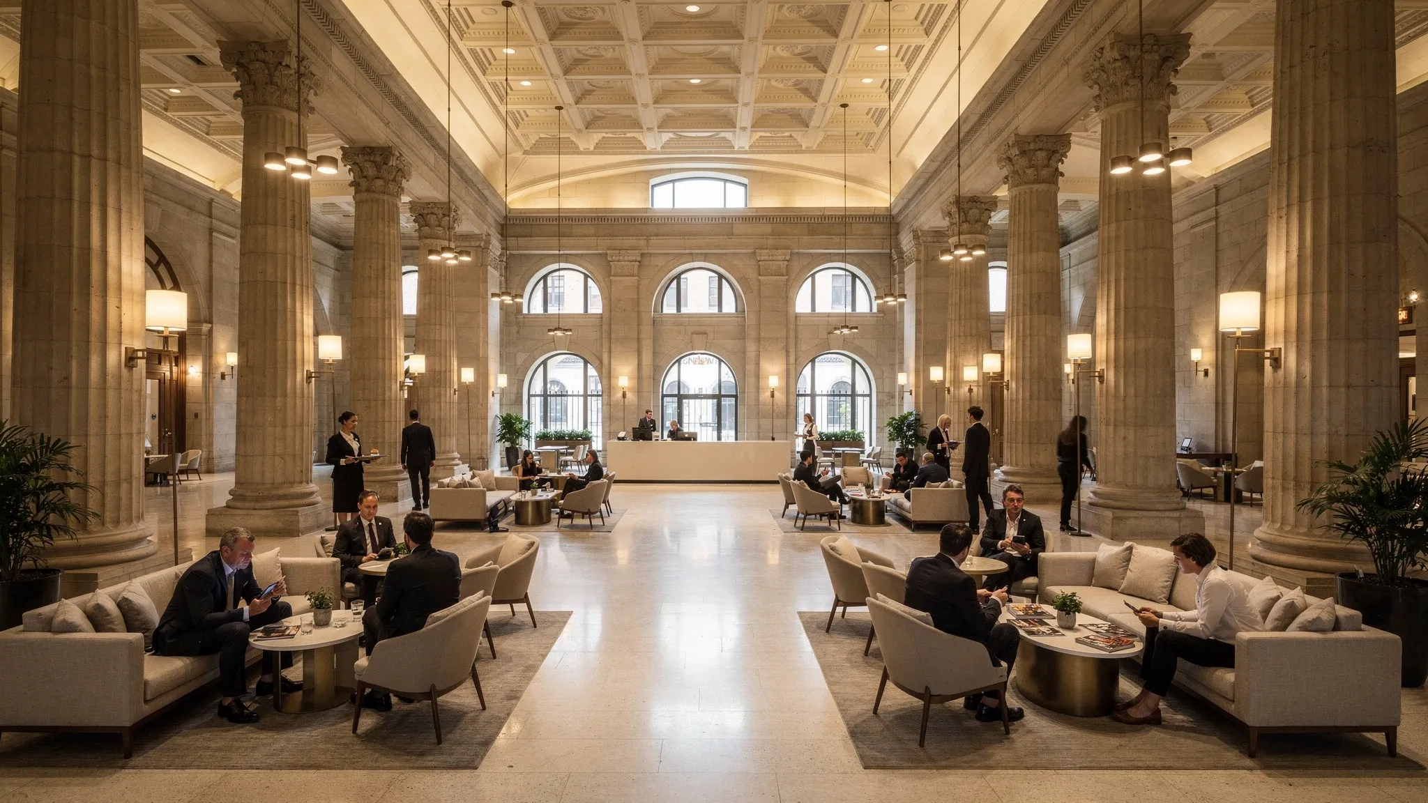 A wide view of a grand former bank hall converted into a hotel lobby, with tall columns, coffered ceilings, warm ambient lighting, and clusters of lounge seating with people chatting and staff moving discreetly.