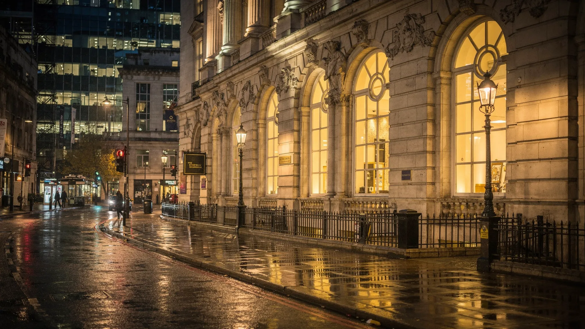 A nighttime street scene in the City of London near a grand historic building, with warm light spilling from tall windows, wet pavement reflecting streetlights, and a quiet, upscale urban atmosphere.