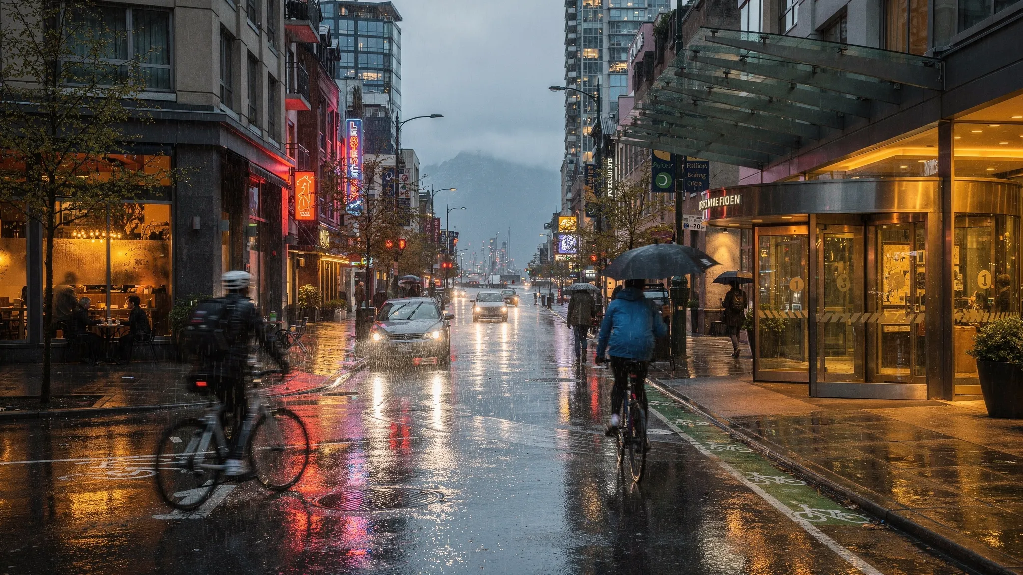 Rainy evening in Vancouver with wet sidewalks, hotel entrances, cyclists, glowing restaurant windows, and distant mountains partly hidden by clouds.