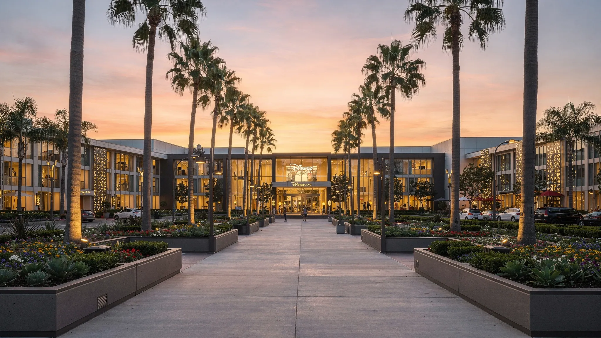 A quiet early morning scene near the Disneyland Resort hotel area in Anaheim, with palm trees, warm lobby lights, a clean walkway, landscaped planters, and a soft sunrise over low-rise hotel buildings.