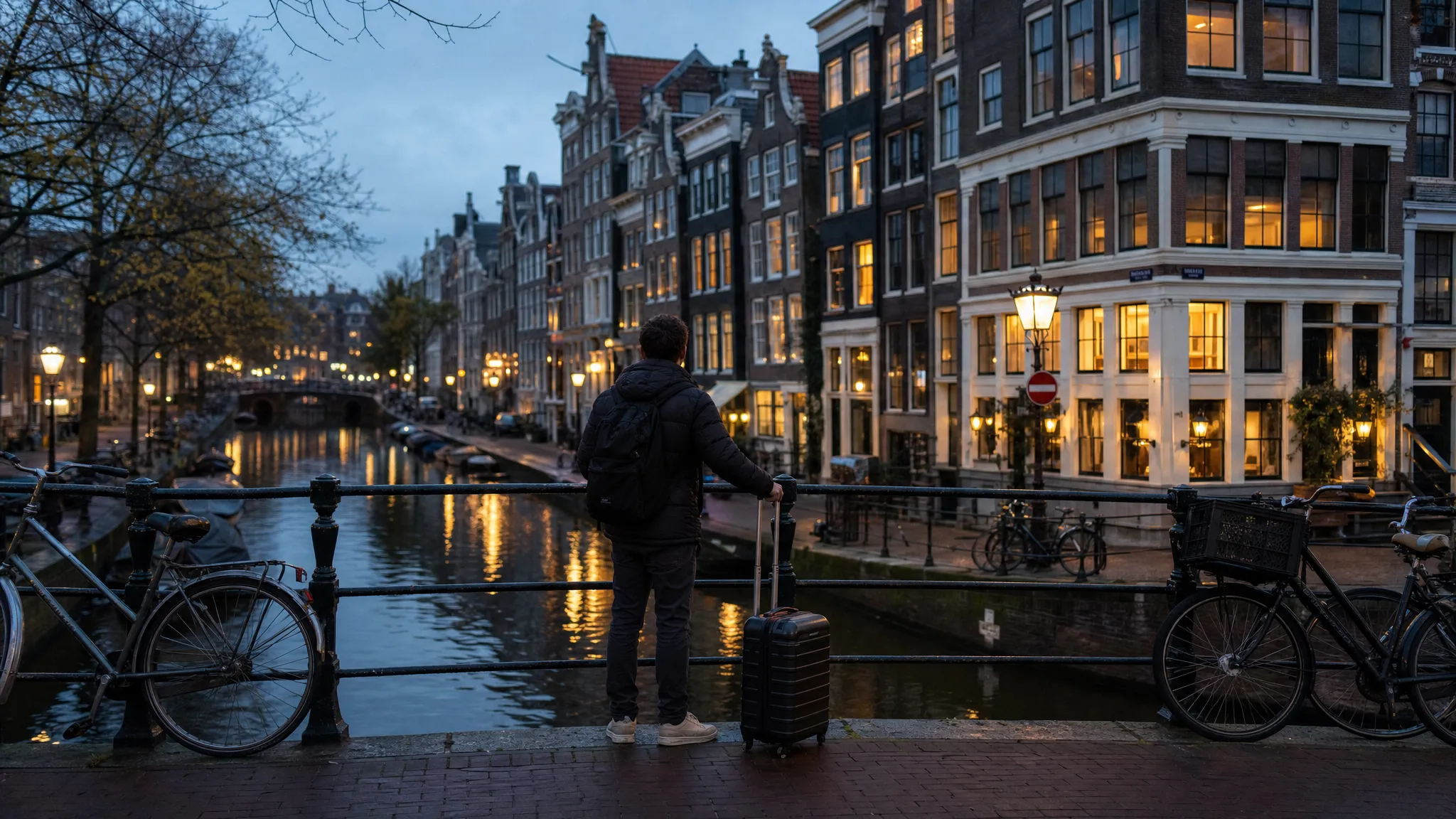 A traveler with a small suitcase pauses on an Amsterdam canal bridge at dusk, with bicycles along the railing, warm hotel windows reflected in the water, and narrow brick townhouses lining the street.