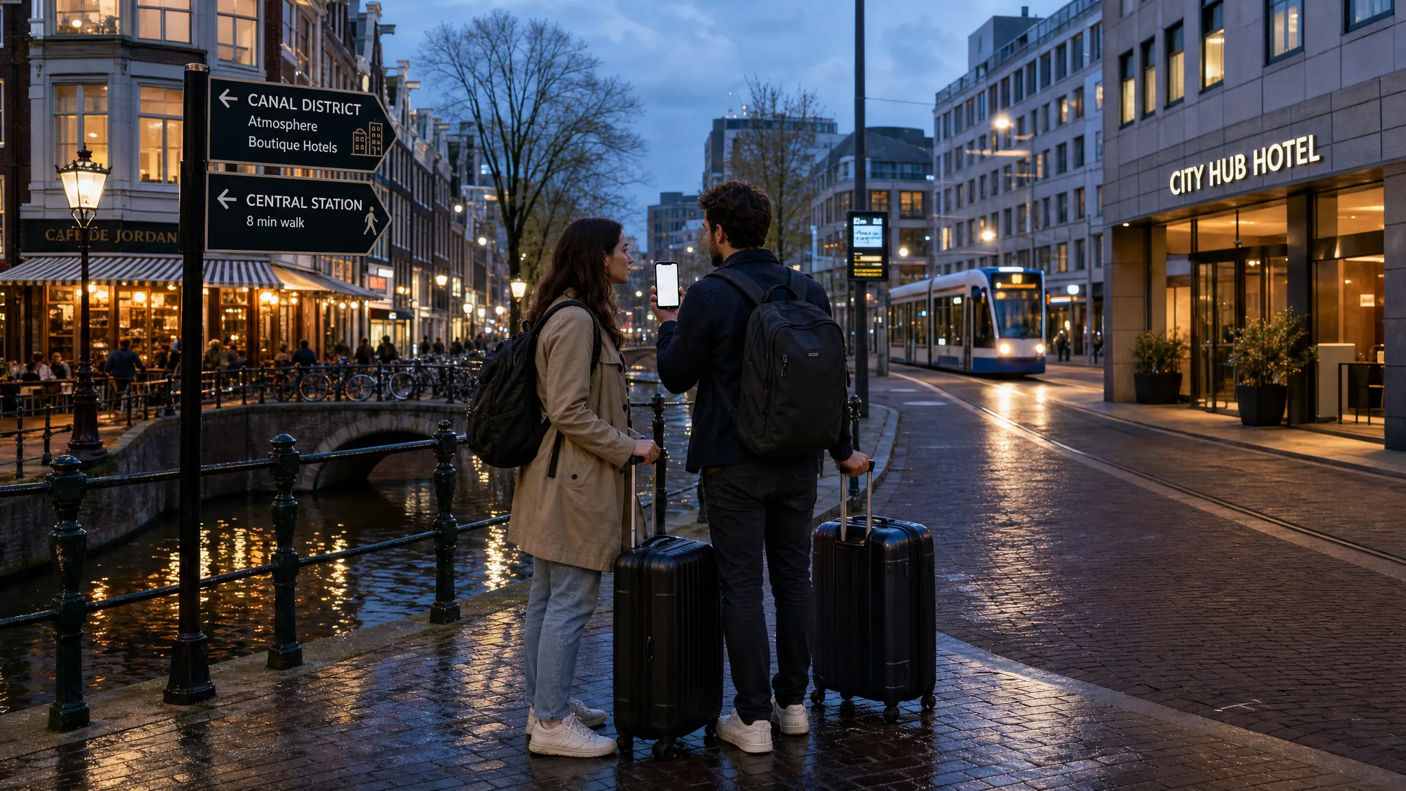 Wide landscape Amsterdam hotel decision scene at a canal-side crossroads in early evening, showing a couple of adult travelers with carry-on luggage pausing beside a small bridge while one reviews a booking summary on a phone facing the camera with nothing displayed behind it. One side of the frame should show a narrow historic canal street with warm café windows and bicycles, while the other side opens toward a quieter modern district street with a tram stop and a more contemporary hotel entrance. Include wet cobblestones, reflections in the canal, and a few window lights to suggest the tradeoff between atmosphere, transport, and room value.