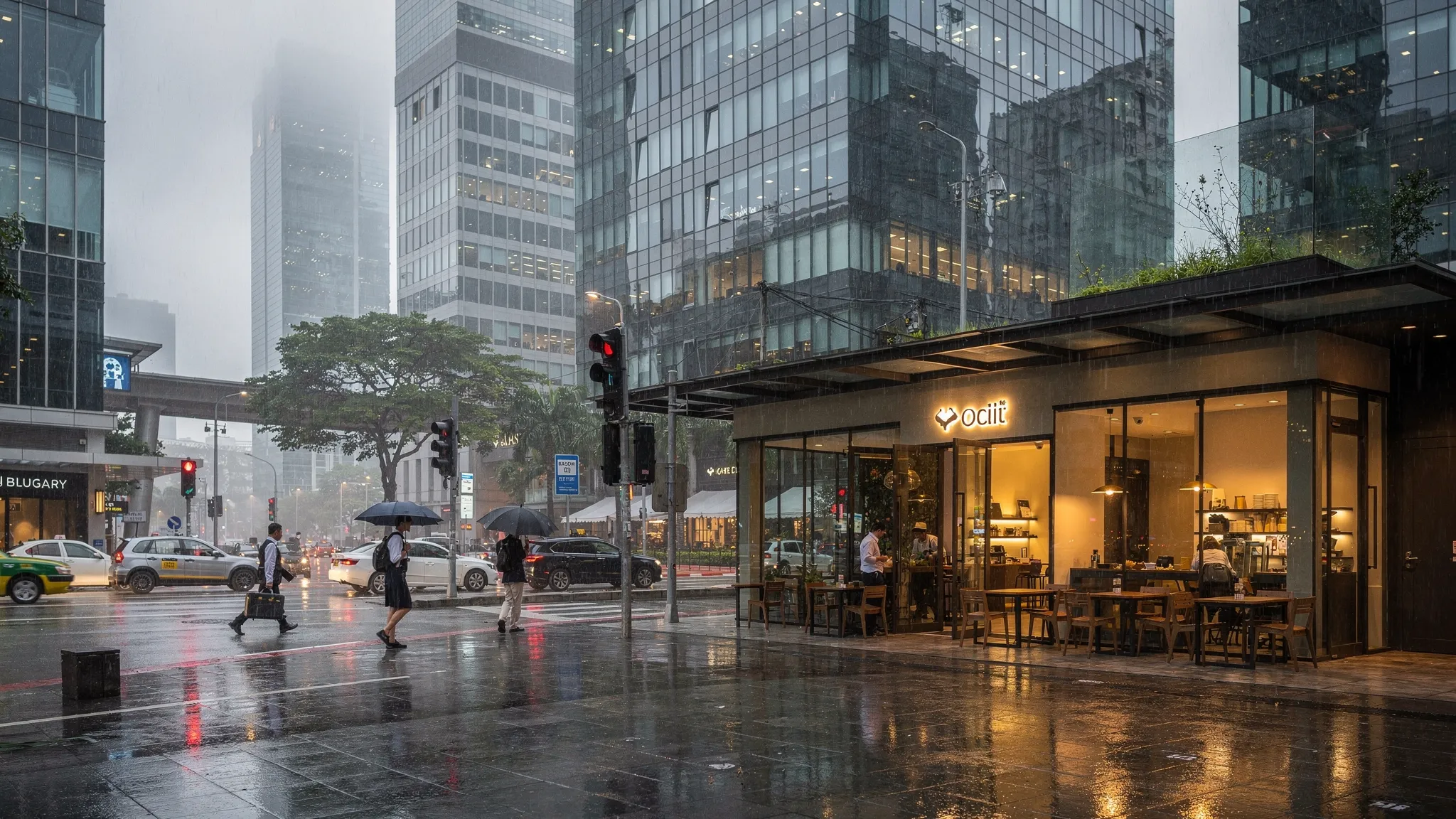 A rainy early-morning view of Singapore’s Central Business District with glass towers, clean sidewalks, and street-level cafés opening, showing the atmosphere of a business hub waking up.
