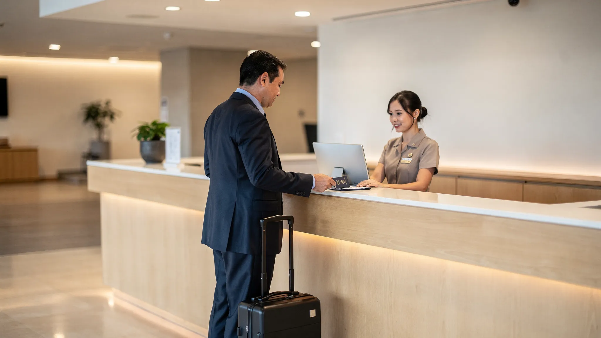 A calm hotel check-in scene with a minimalist reception desk, warm wood textures, soft lighting, and a business traveler placing a passport and card on the counter.