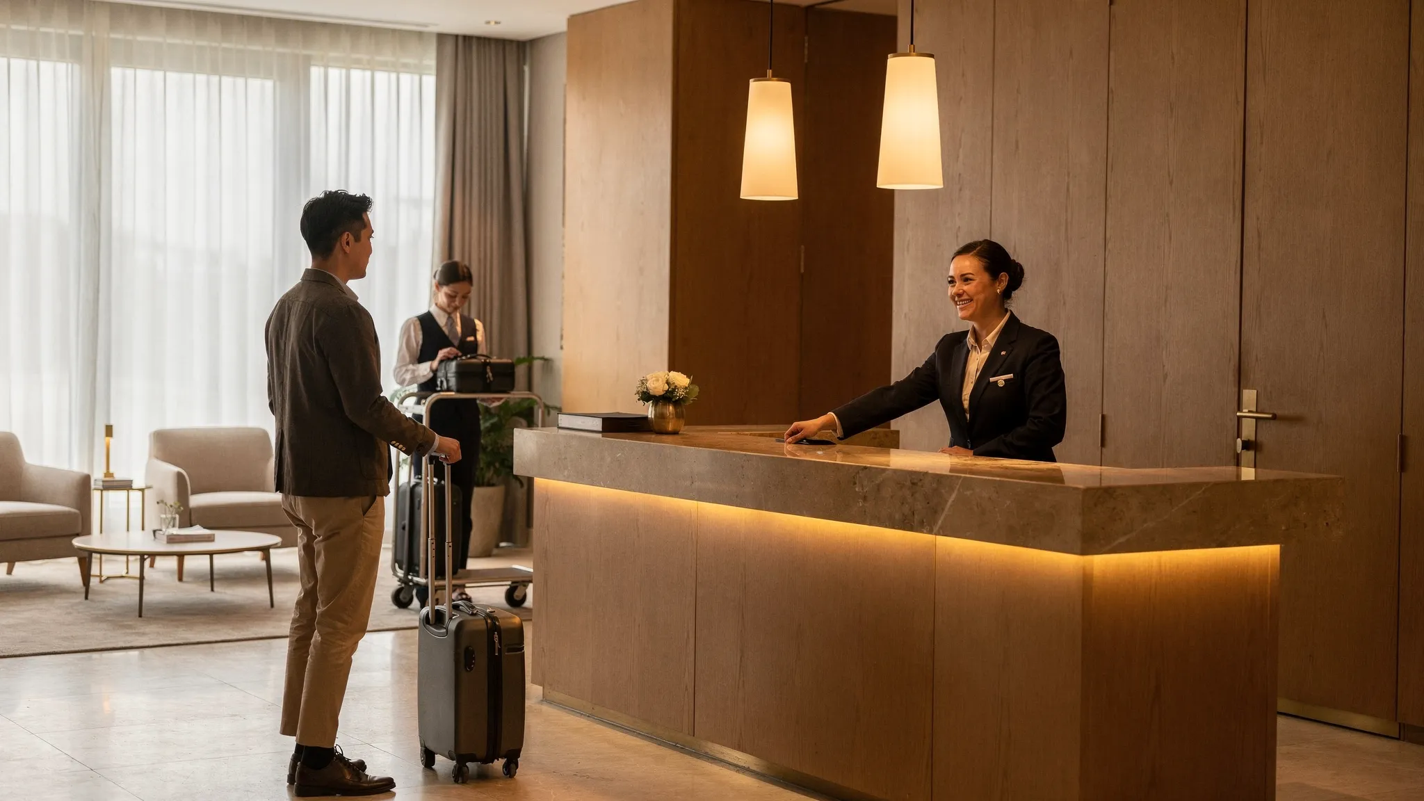 A quiet, refined hotel lobby scene with warm wood tones, stone surfaces, soft lighting, and a discreet concierge desk; a guest with a small suitcase is being welcomed while luggage is handled in the background.