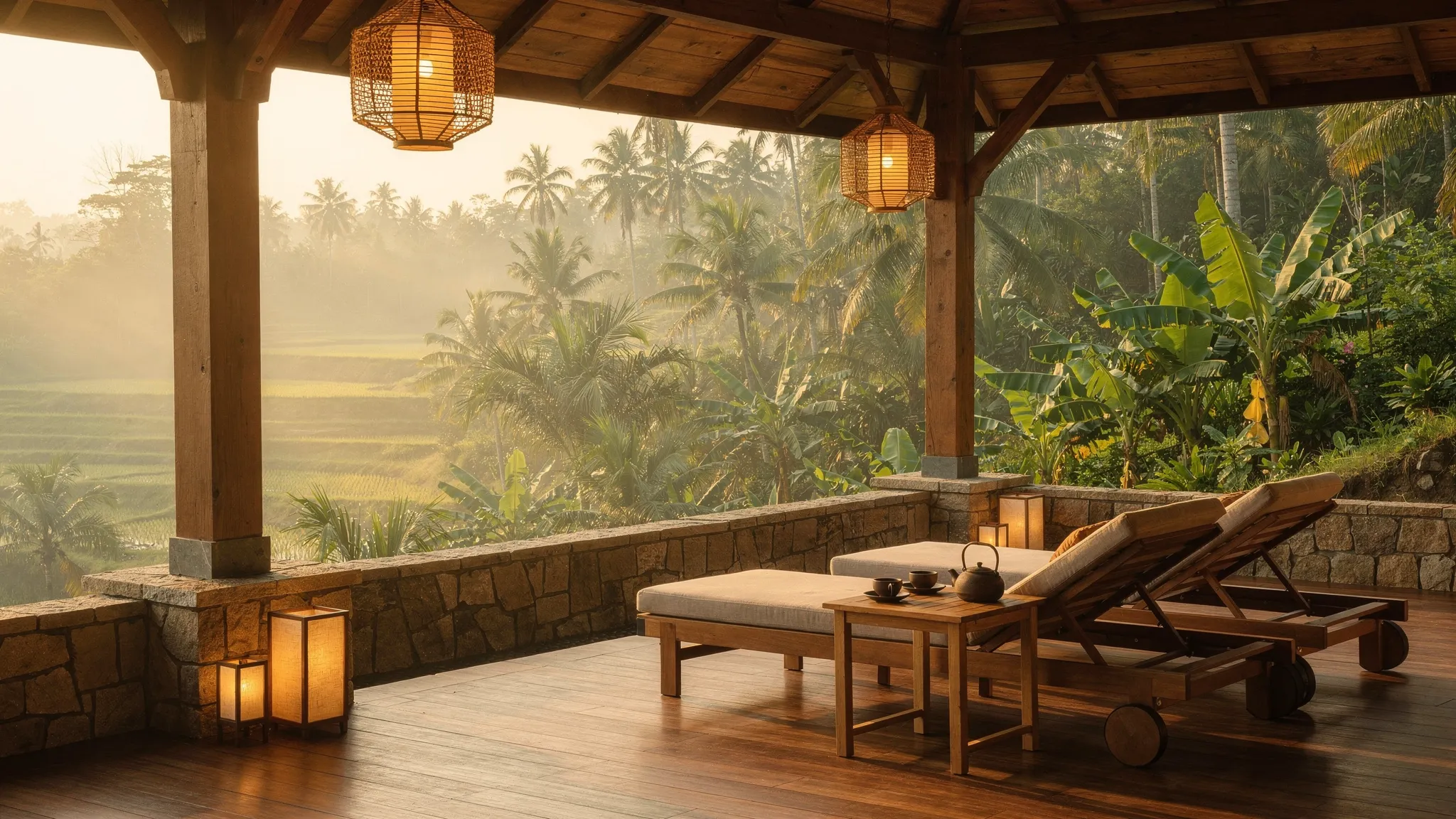 A serene resort terrace overlooking lush tropical jungle and rice terraces at sunrise, with natural materials like wood and stone, soft lantern lighting, and a peaceful atmosphere suggesting wellness and quiet luxury.