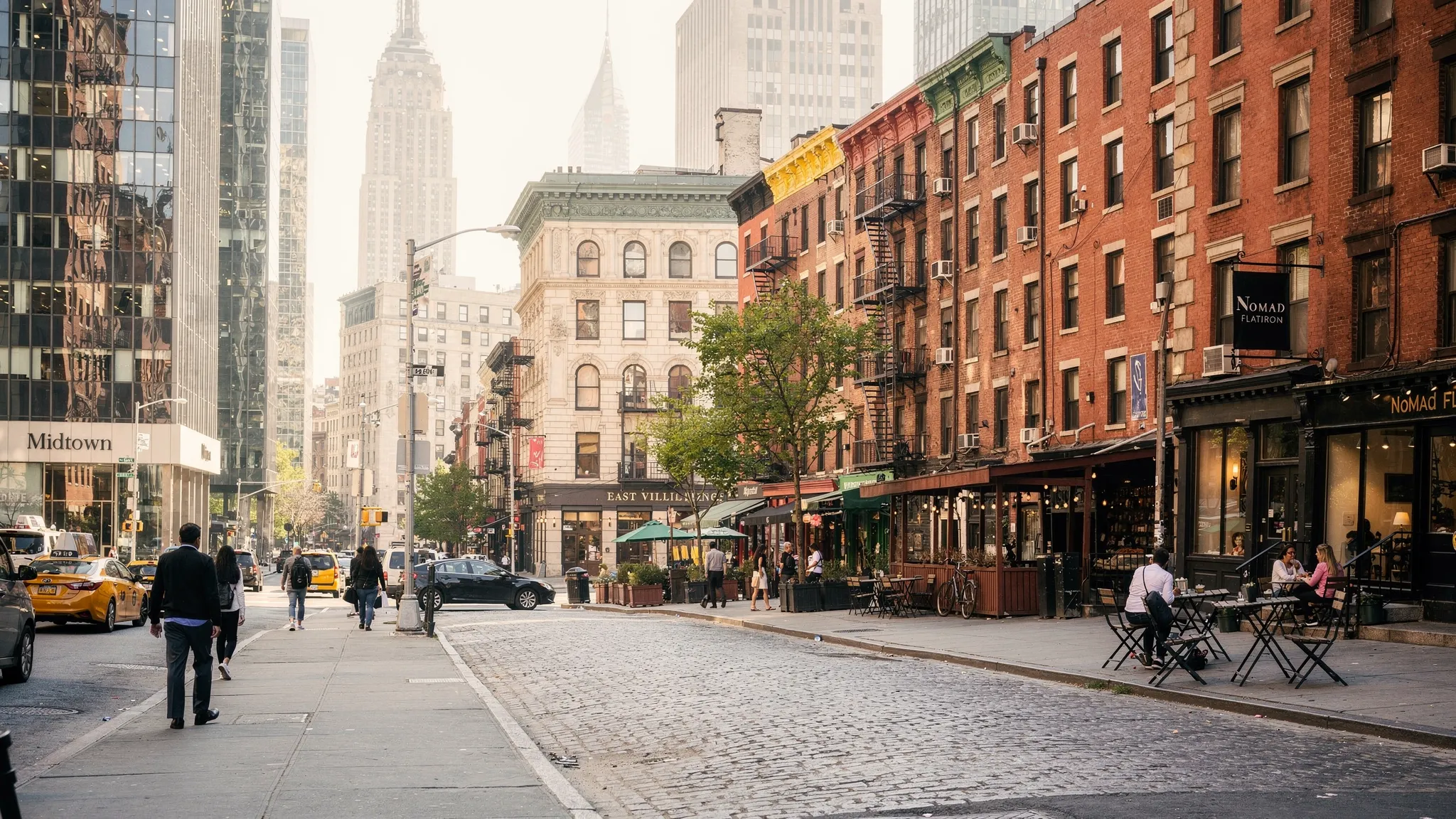 A street-level walking scene in New York City showing a simple route that moves from Midtown (tall glass towers) to NoMad/Flatiron (historic buildings and cafés) to the East Village (low-rise streets with restaurants) and down to SoHo (cobblestone and cast-iron façades), with subtle neighborhood labels and iconic skyline hints in the background.