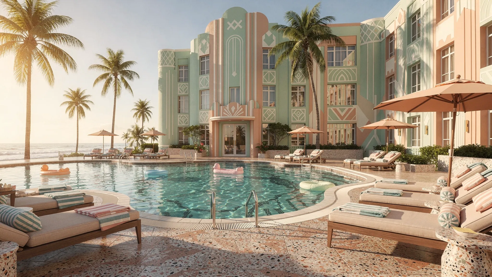 A sunlit Art Deco inspired hotel pool scene with pastel tones, geometric patterns, terrazzo textures, palm trees, and a breezy coastal atmosphere, capturing a premium yet approachable vibe.