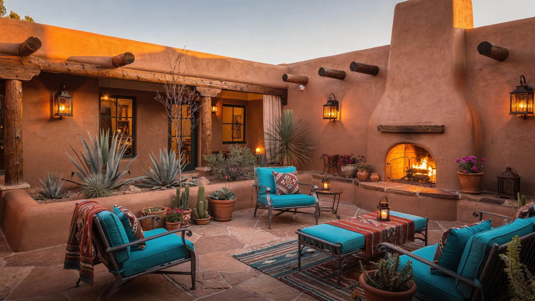 A warm Santa Fe style hotel courtyard with adobe walls, wooden beams, a kiva fireplace, lantern light, native plants, and colorful textiles, evoking a serene premium desert retreat.