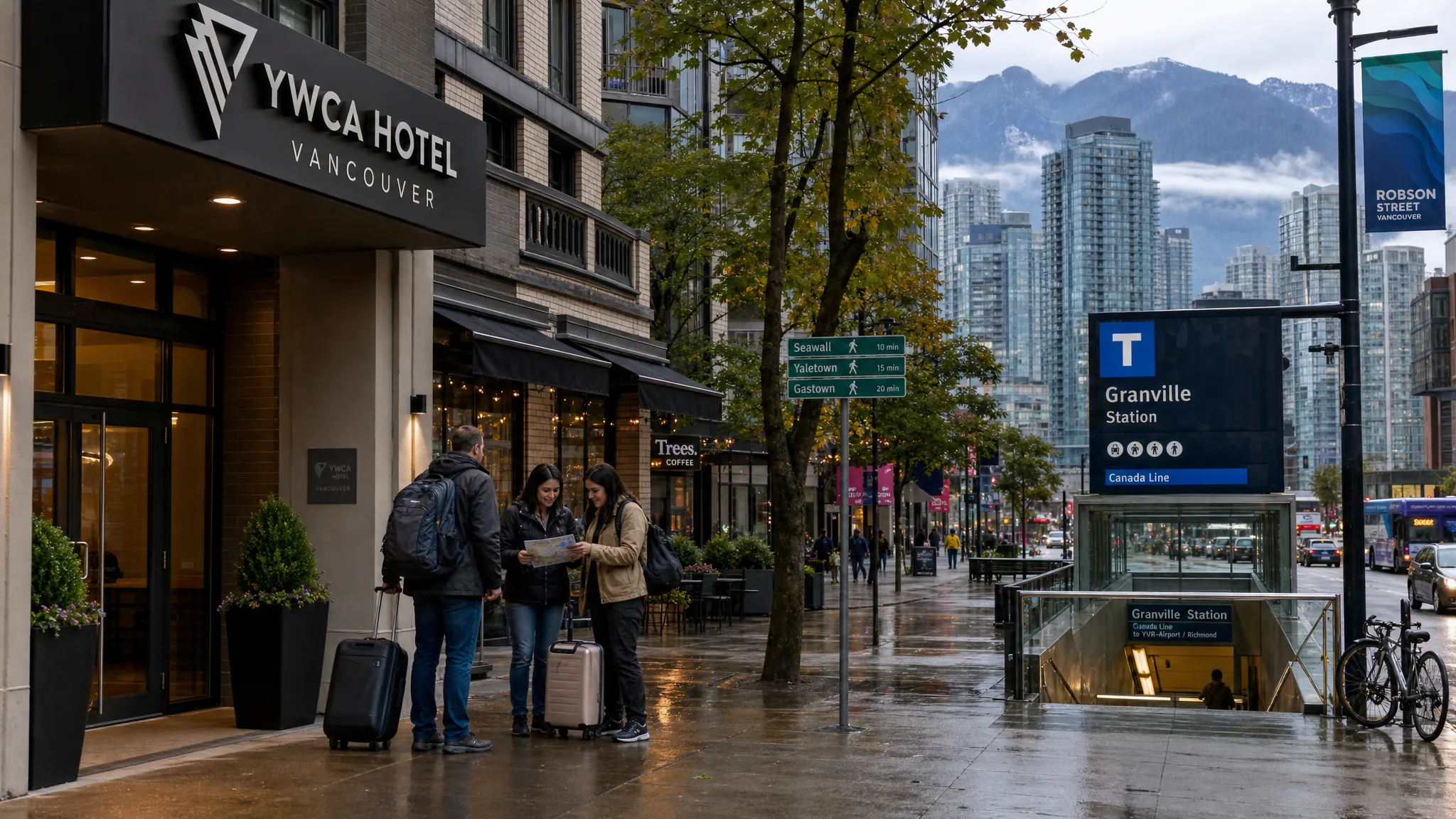 Wide landscape view of central Vancouver on a wet morning, with a compact downtown hotel entrance near a SkyTrain station, a few adult travelers with carry-ons checking directions beside cafes and street trees, and the city’s glass towers and distant mountain silhouettes visible in the background. Include clear signs of walkability, transit access, and neighborhood choice, with the scene balanced between a practical hotel block and the broader downtown peninsula so the image feels like a smart booking decision rather than a postcard view.