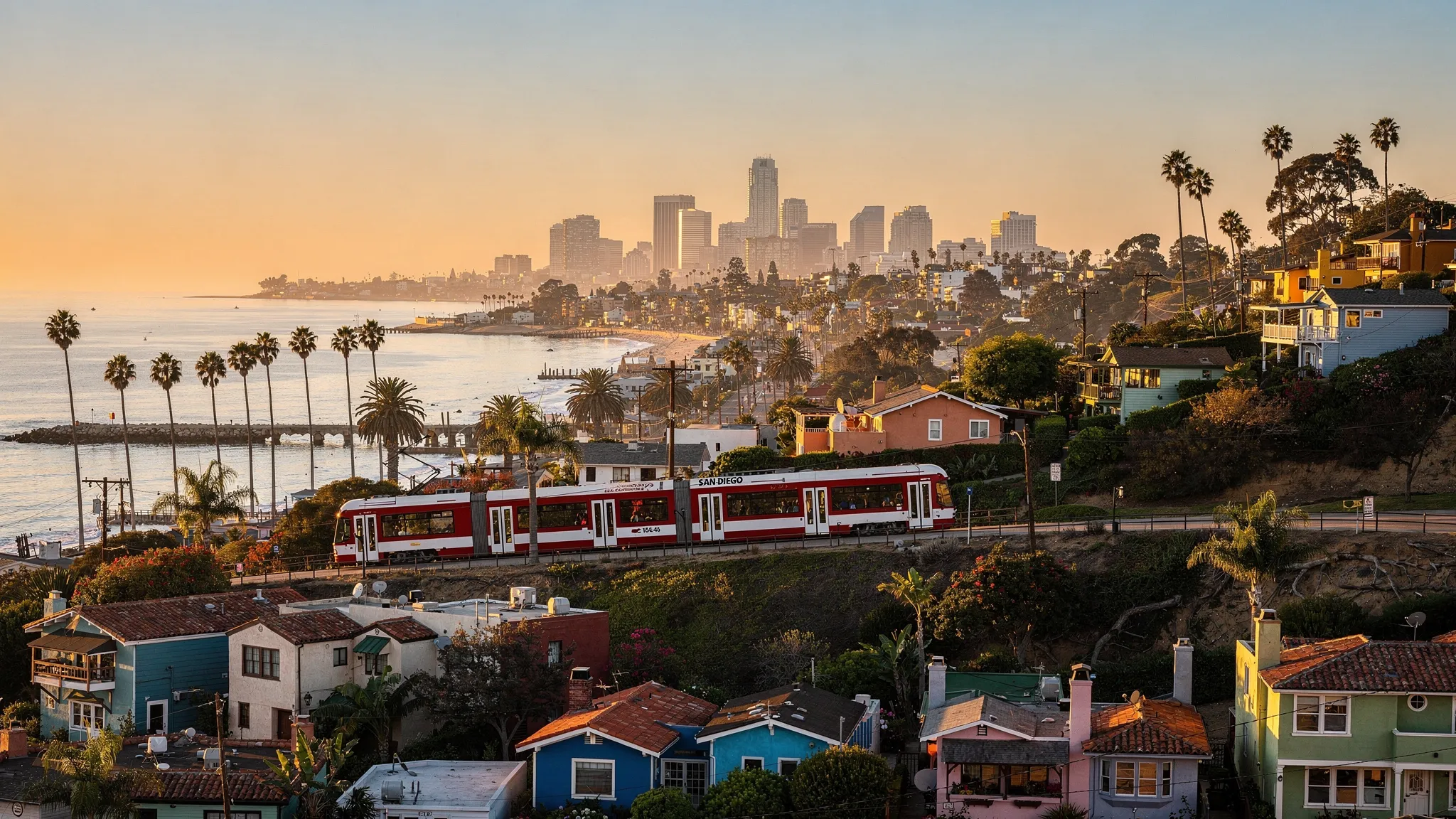 San Diego neighborhoods at golden hour, with a trolley line near Old Town, palm trees along the bay, downtown towers in the distance, and beach cottages fading toward the Pacific coast.