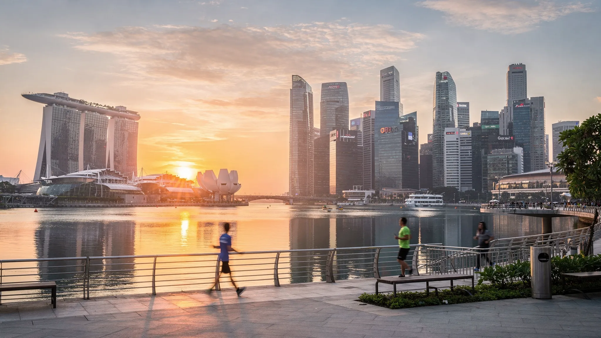 A sunrise view of Singapore’s Marina Bay with the downtown skyline and calm water, showing early morning light reflecting off glass towers and the waterfront promenade beginning to wake up.