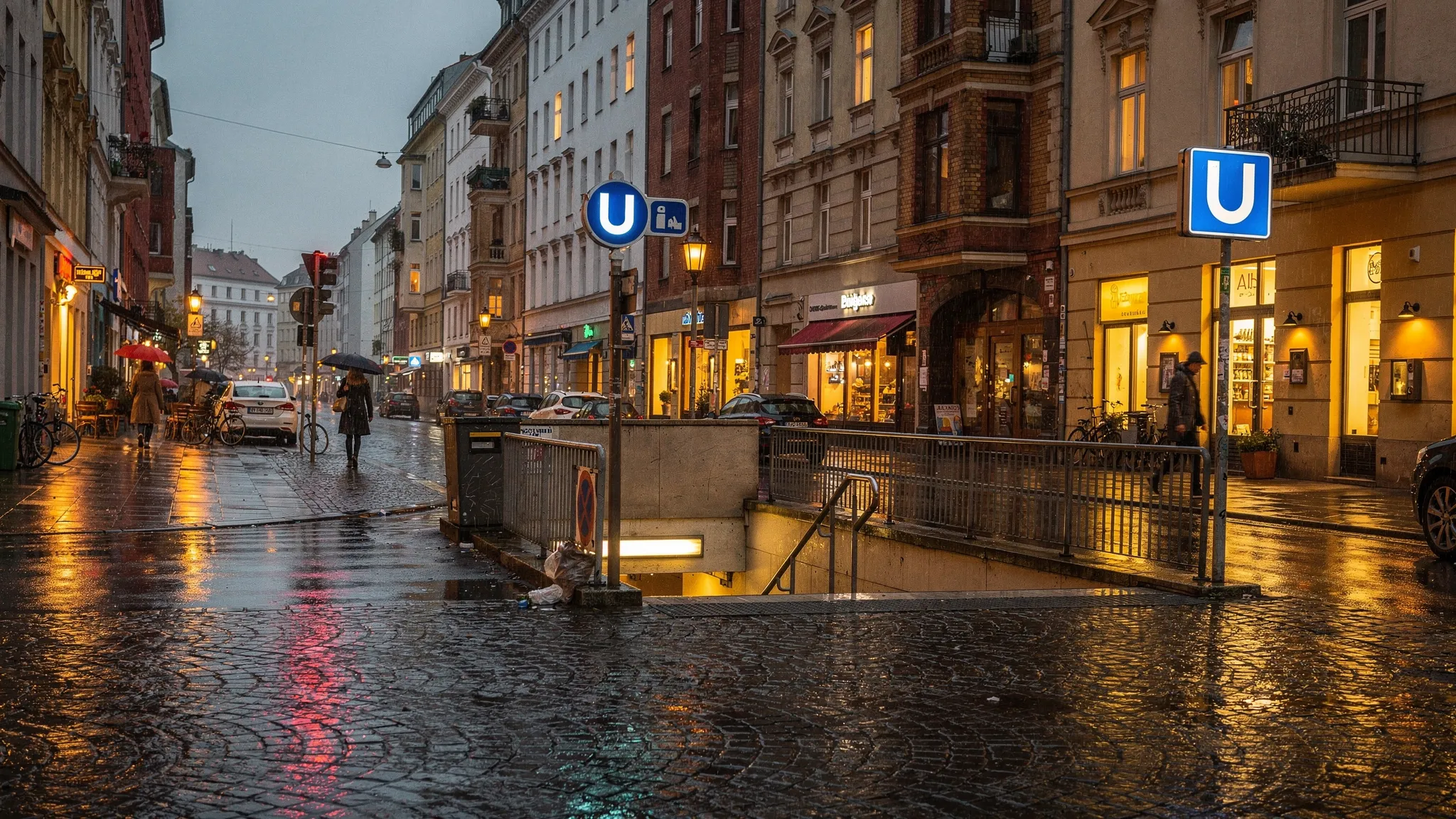 A rainy evening street scene in Berlin with warm shop lights reflecting on wet cobblestones, a U-Bahn entrance sign nearby, and classic renovated apartment facades lining the street.