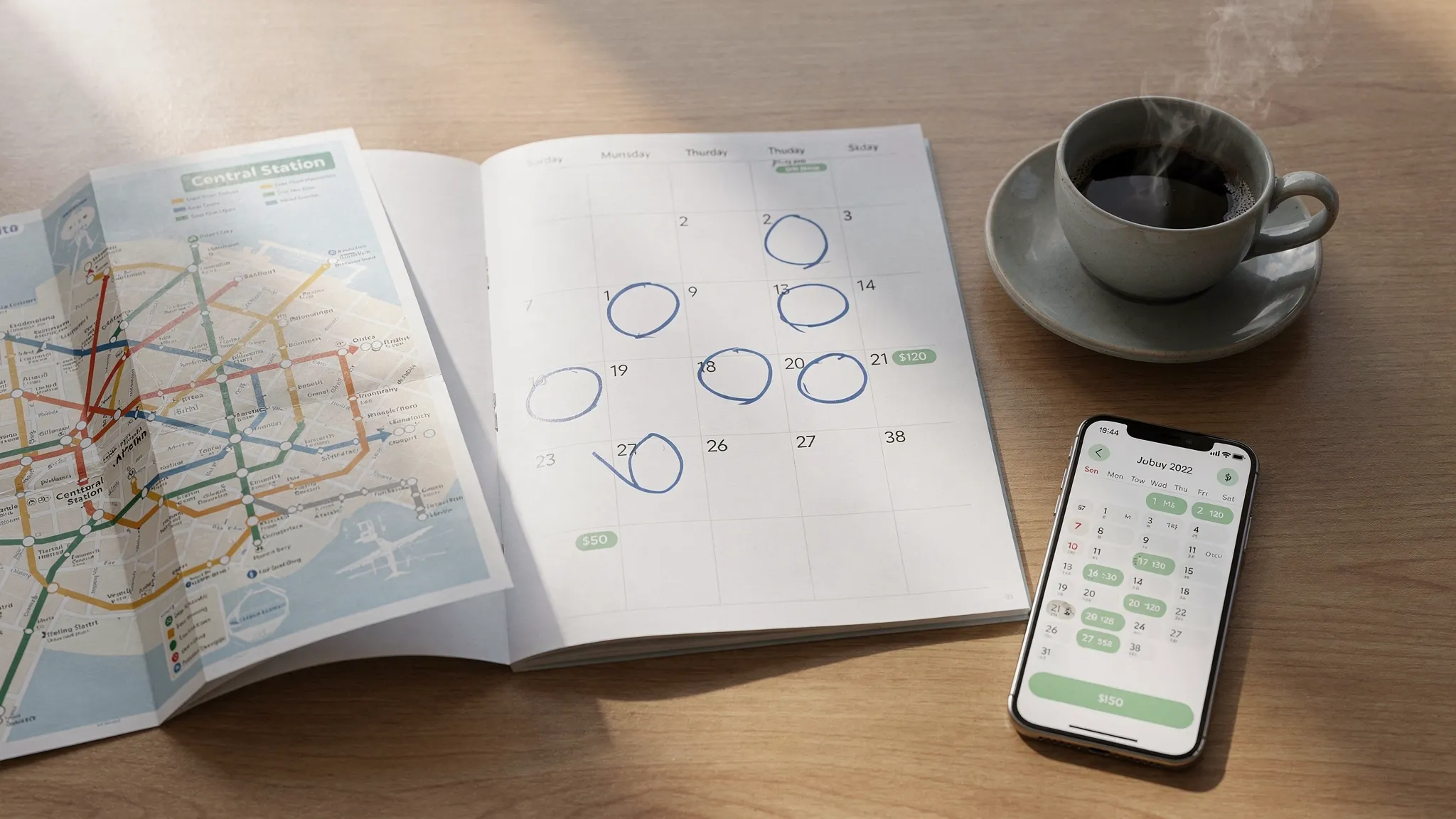 A simple travel planning scene with a paper calendar, a transit map, a coffee cup, and a phone showing a hotel date grid with a few highlighted cheaper nights.