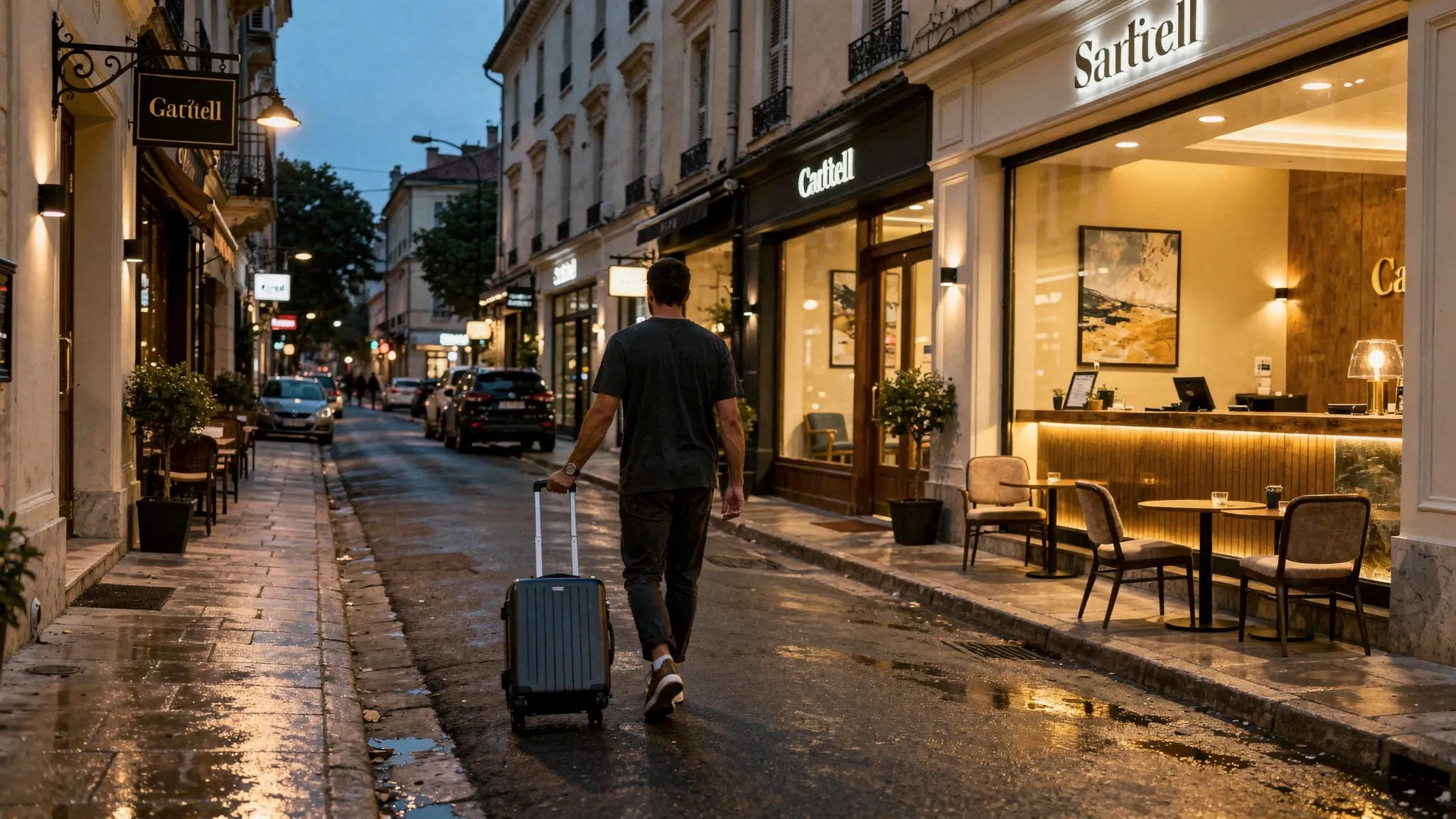 A traveler walking along a quiet city street at dusk with boutique hotels, cafes, luggage, and warm lobby lights visible through windows.