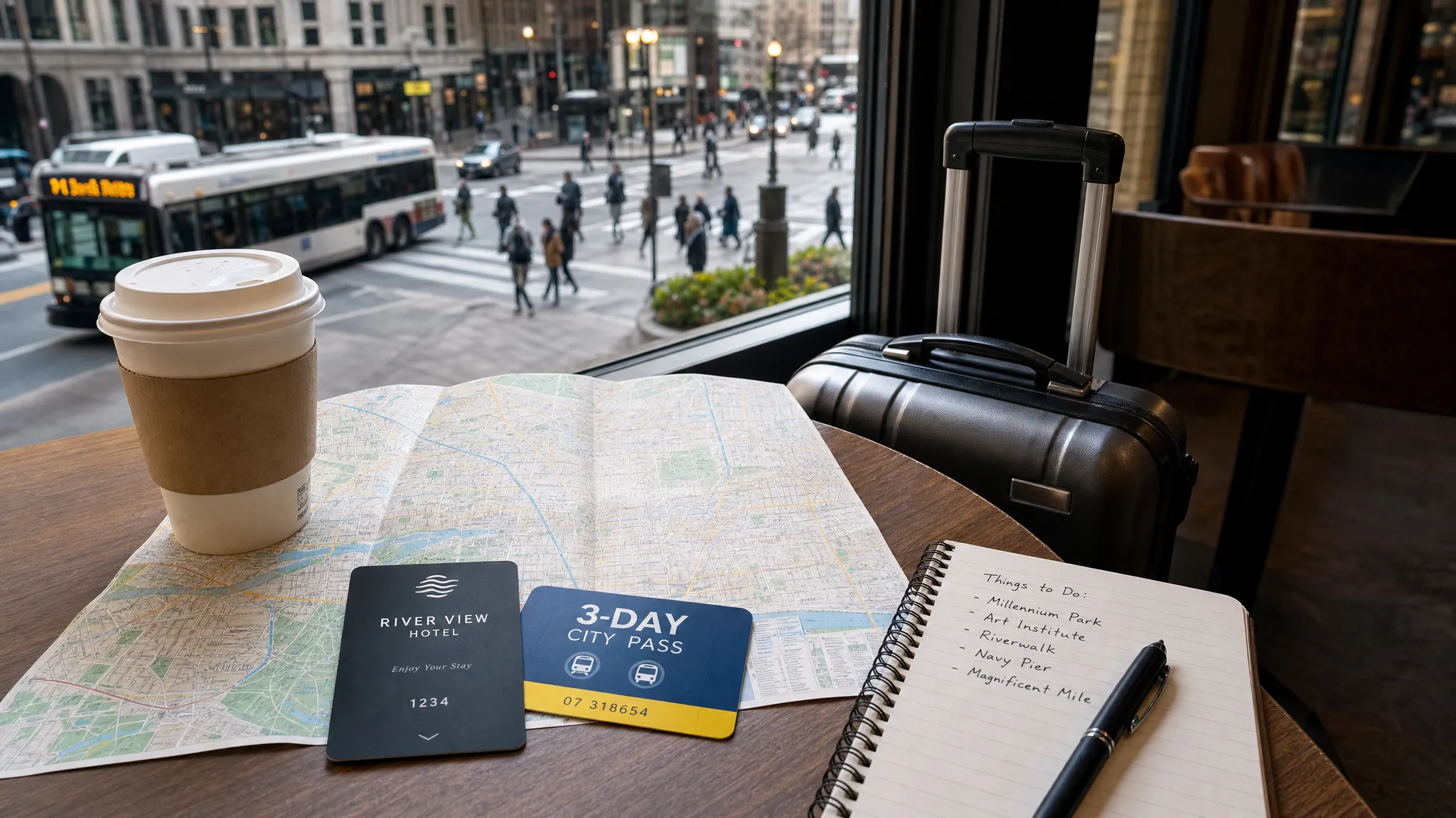 A city travel planning scene with a folded map, hotel key card, transit pass, coffee cup, and small suitcase on a cafe table beside a window overlooking a lively urban street.