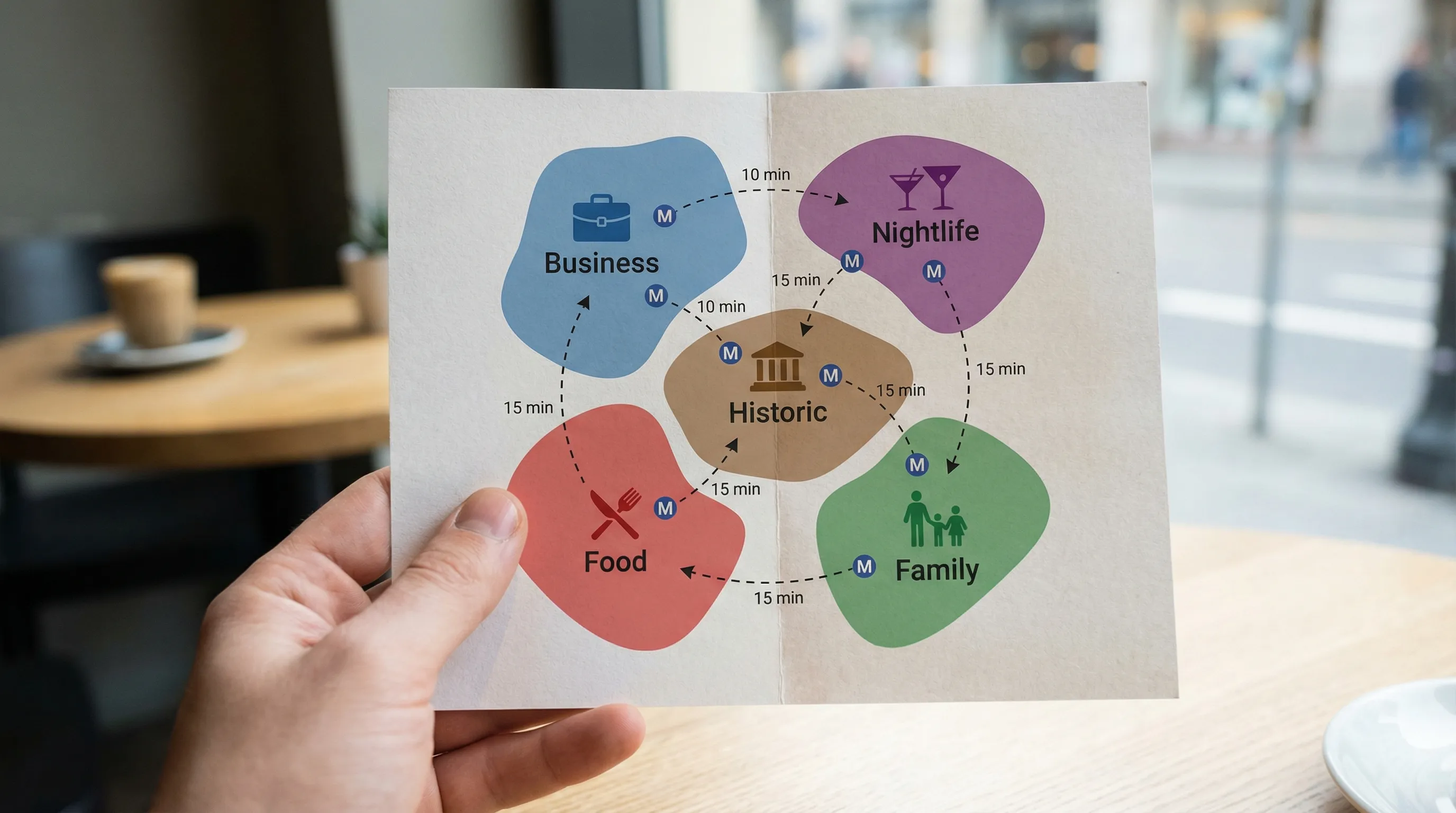 A simple illustrated city map showing five neighborhood zones labeled Business, Nightlife, Historic, Food, and Family, with icons for metro stops and walking times between areas.