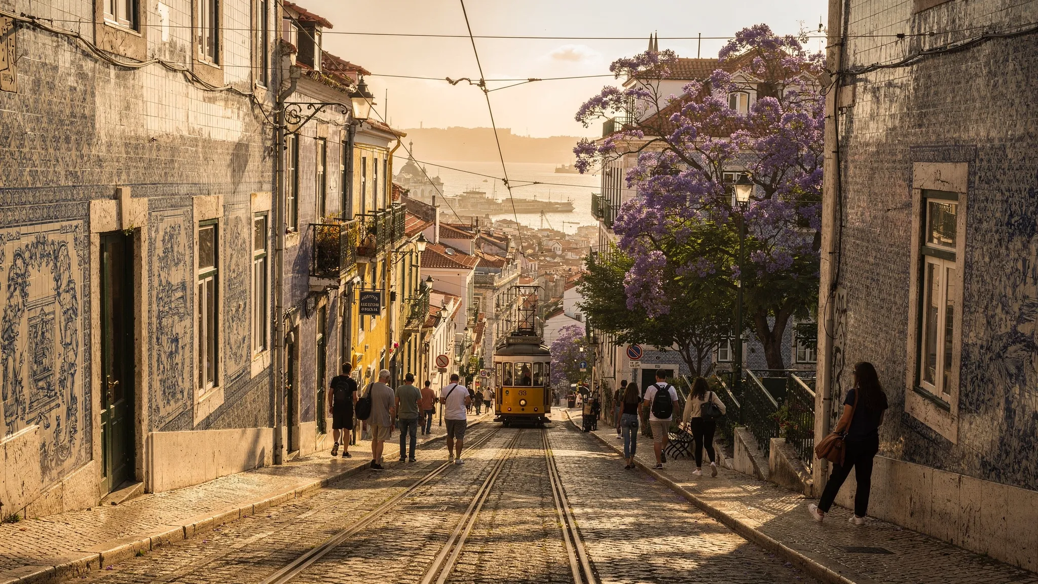 A sunlit Lisbon street scene with Portuguese azulejo tiles on building facades, a classic yellow tram in the distance, jacaranda trees, and pedestrians walking uphill toward a miradouro viewpoint.
