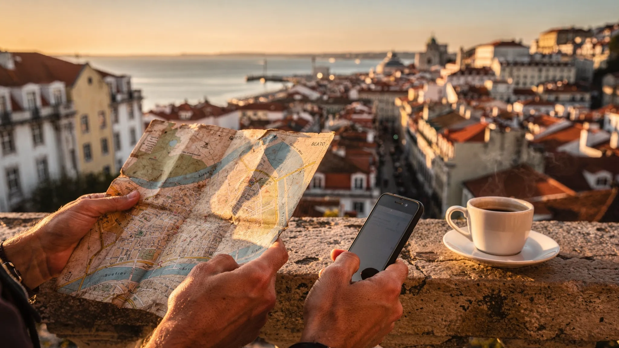 A traveler’s hands holding a folded city map and a phone on a Lisbon overlook at golden hour, with terracotta rooftops, the Tagus River in the distance, and a coffee cup on a stone ledge.