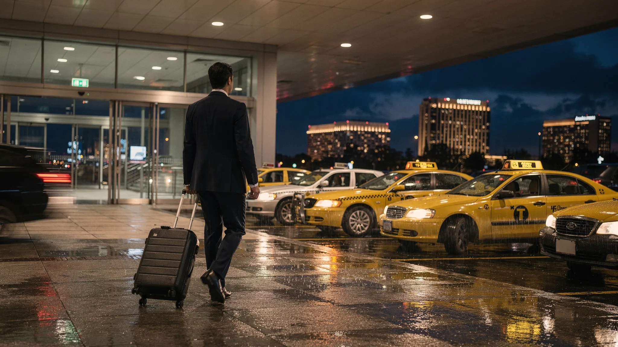 A business traveler leaving an airport terminal at night with a rolling suitcase, taxi lights reflecting on wet pavement, and a distant city skyline with illuminated hotel towers.
