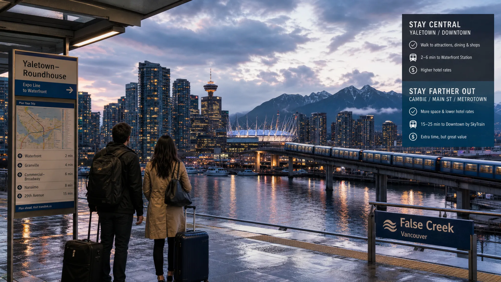 Wide landscape view of Vancouver at dusk from across False Creek, with the downtown peninsula, a SkyTrain line, waterfront towers, and mountain silhouettes all visible in one frame. Show one or two adult travelers near a transit stop in the foreground with carry-ons, looking toward the city as if deciding between central and farther hotel areas. Include wet pavement or reflective water, bridge structure, and lights beginning to come on, so the scene clearly suggests geography, transit access, and the real tradeoff between convenience and lower hotel rates.