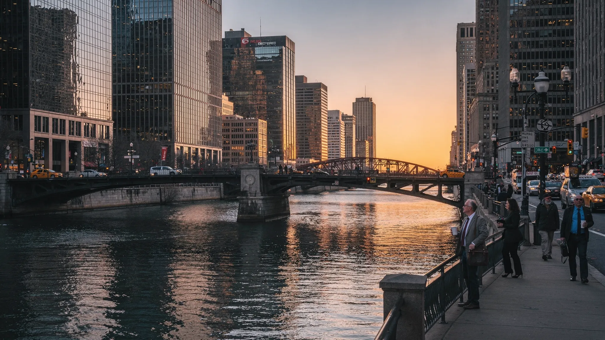 Early morning view of the Chicago River with glass office towers, bridges, commuters walking along the riverwalk, taxis on the streets, and soft sunrise light reflecting on the water.