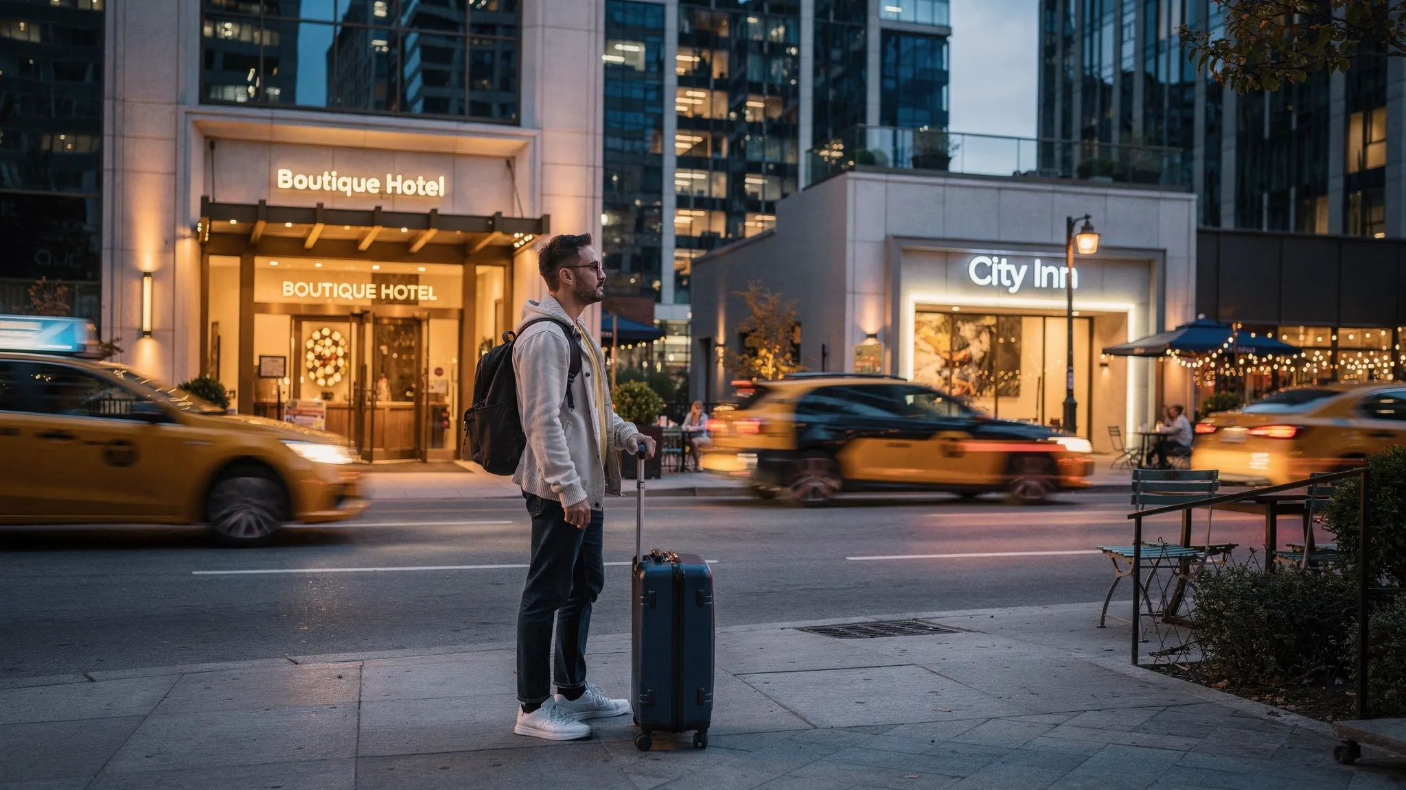 A traveler stands on a city sidewalk at dusk with a small suitcase beside boutique hotel entrances, taxis passing, cafe lights glowing, and tall buildings in the background, capturing the moment of choosing between convenience, atmosphere, and value.