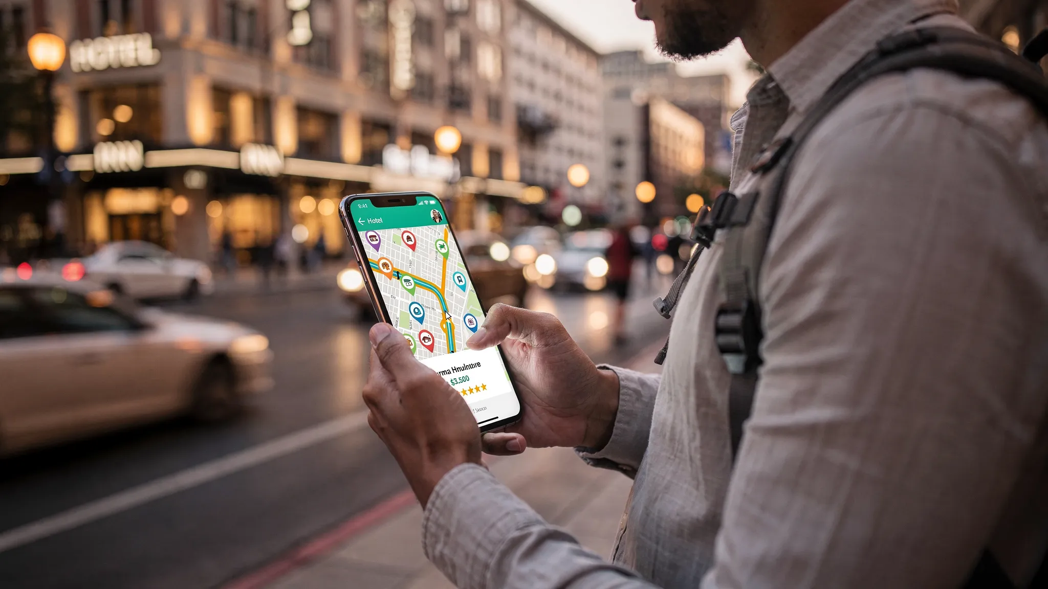 A traveler holding a smartphone with a map-style hotel search open, standing on a city sidewalk with blurred hotel signage and street lights in the background.
