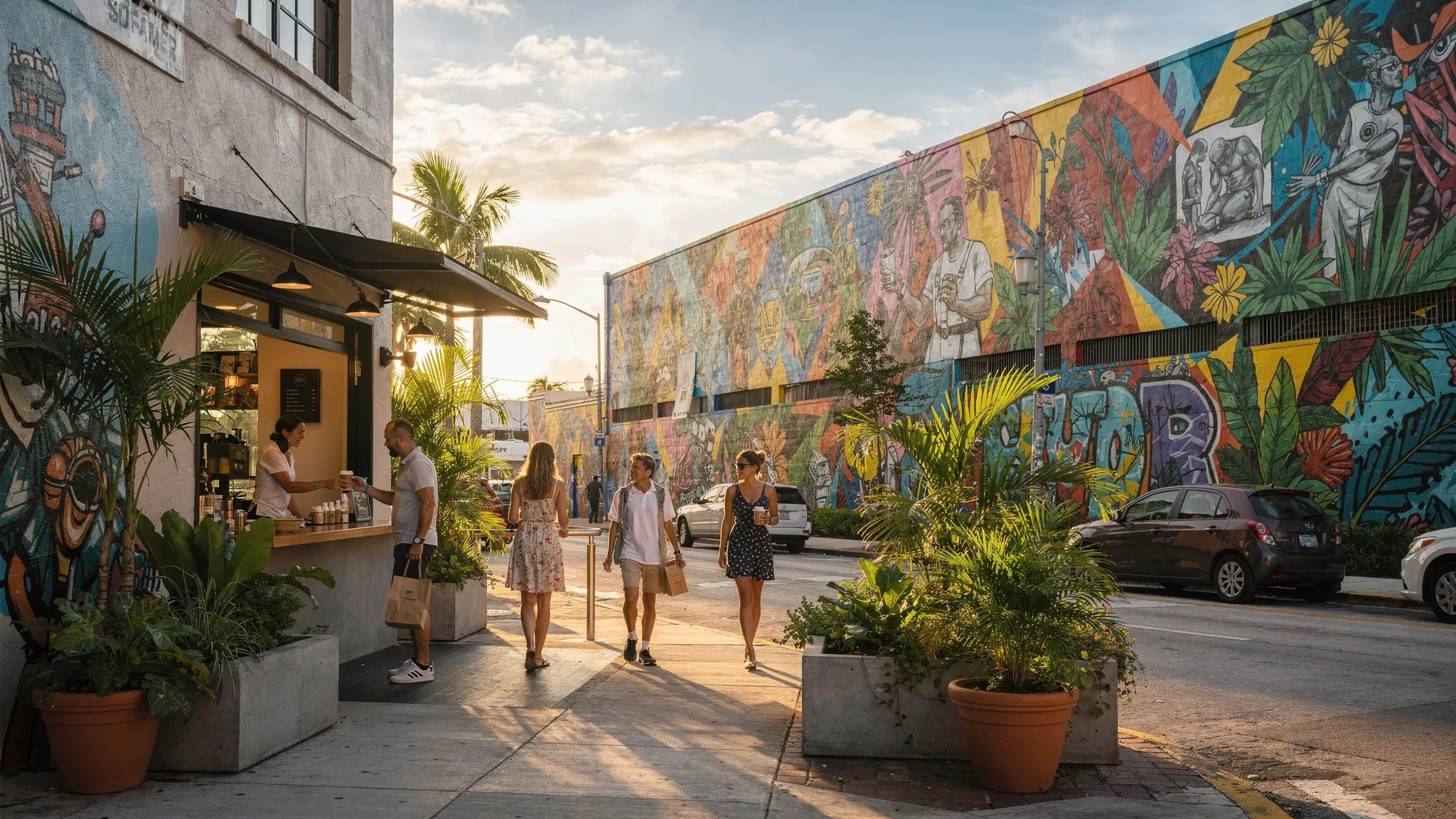 A lively Wynwood street scene in Miami with large colorful mural-covered warehouse walls, a small sidewalk coffee window, tropical plants in planters, and pedestrians walking in morning light.