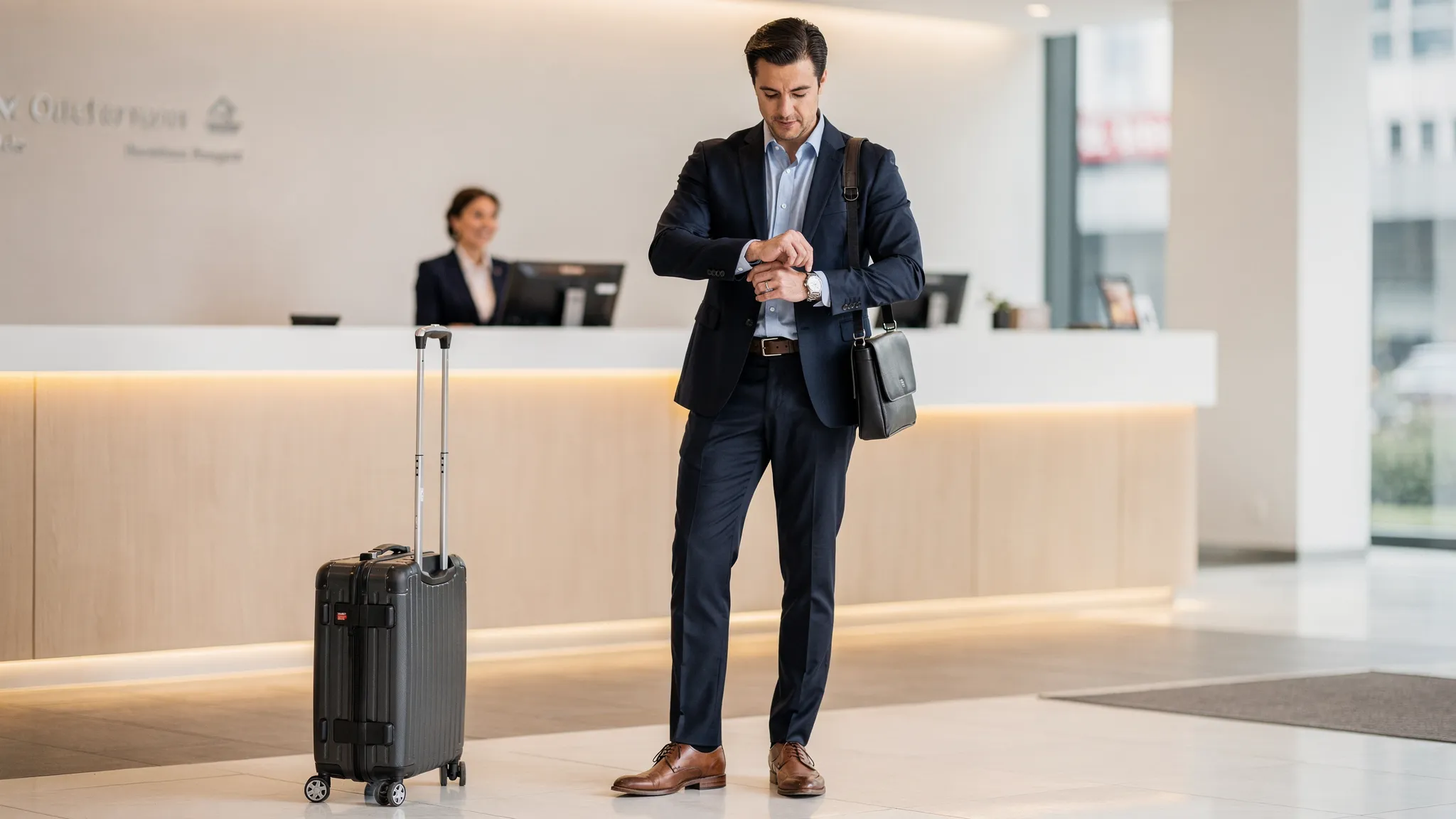 A frequent business traveler in a hotel lobby with a carry-on suitcase and a laptop bag, checking a watch near a simple reception desk, with subtle city signage in the background.