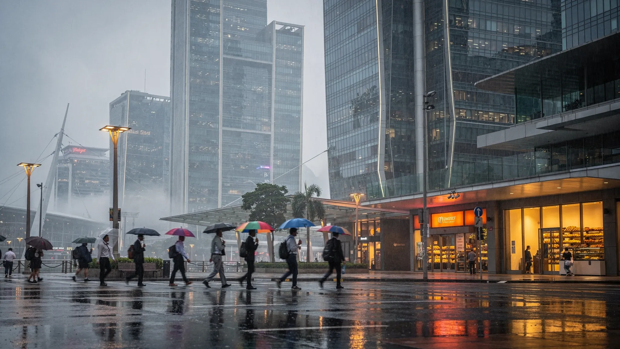 A rainy early morning in Singapore’s Marina Bay business district, with sleek glass towers reflecting on wet pavement, commuters walking under umbrellas, and warm café lights glowing at street level.
