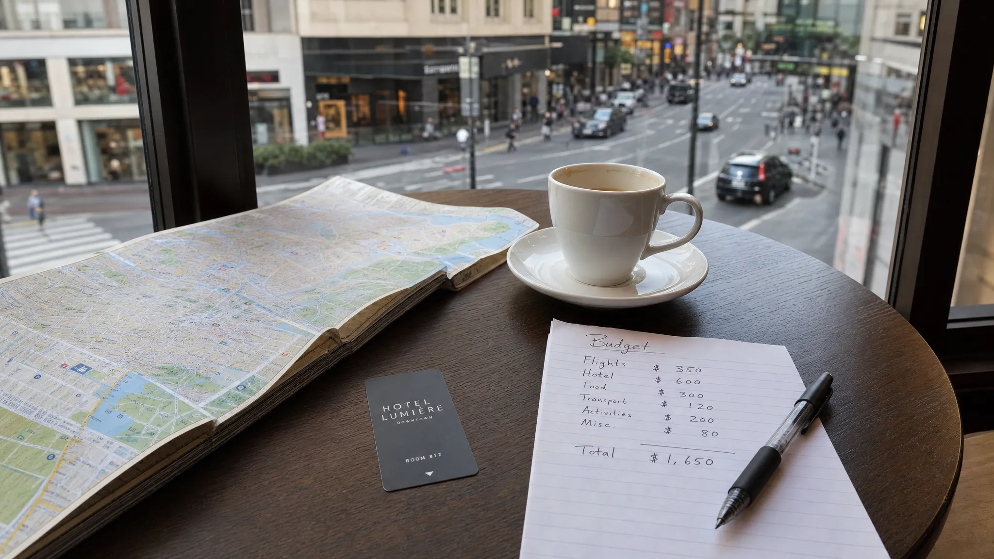 A folded city map, hotel key card, coffee cup, and handwritten budget notes arranged on a small cafe table by a window overlooking a busy urban street.