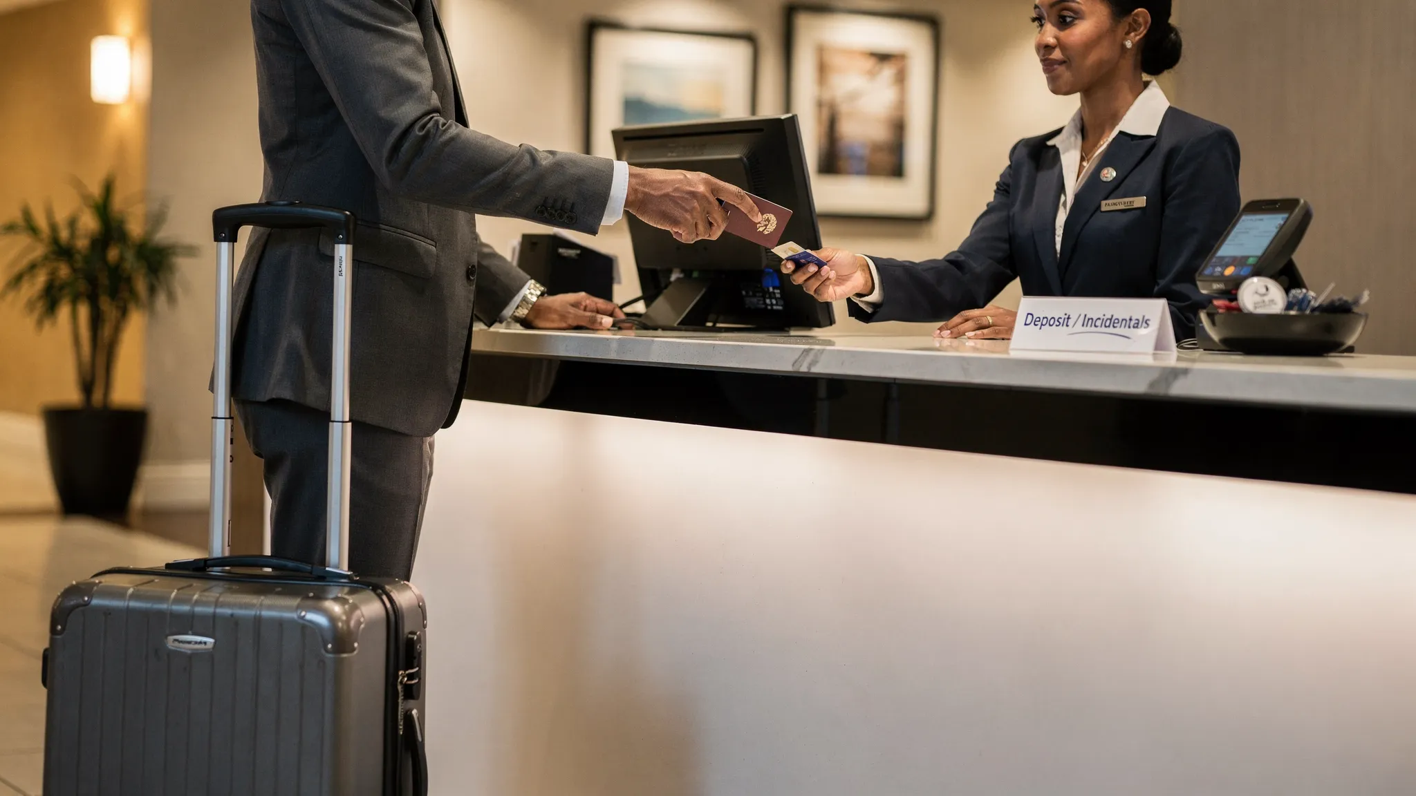A hotel front desk at check-in with a guest handing over a passport and credit card, a small sign mentioning “deposit/incidentals” on the counter, and luggage beside the guest.