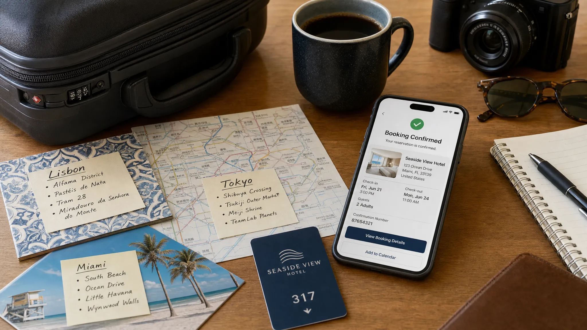 A traveler’s table with a city map, hotel key card, small suitcase, coffee cup, and phone showing a hotel booking confirmation, with Lisbon tiles, Tokyo rail lines, and Miami beach notes spread beside it.