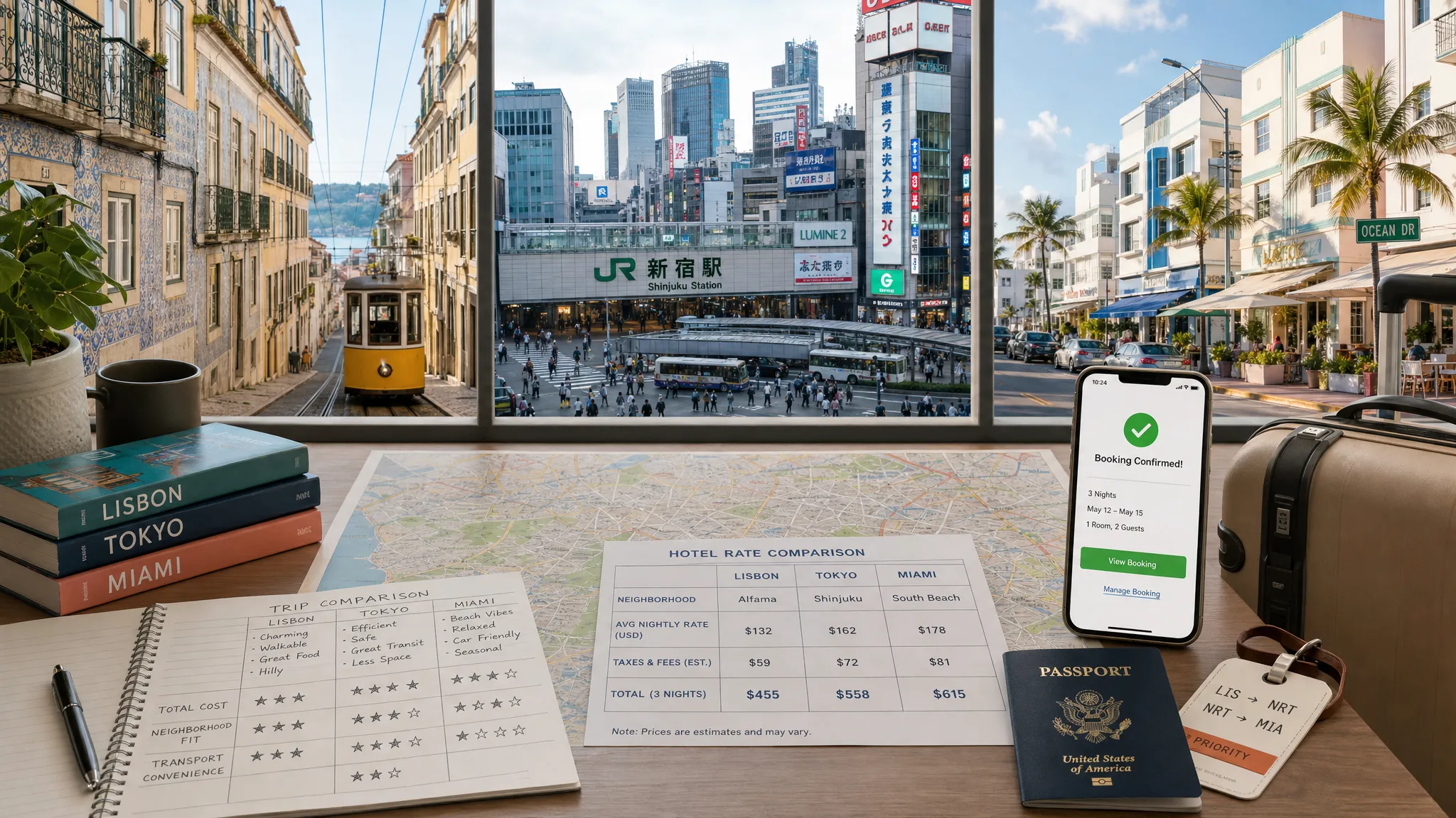 Wide landscape scene inside a modern travel-planning space with a large table covered in a city map, hotel rate sheet, passport, luggage tag, and a phone showing a booking confirmation facing the camera with nothing displayed behind it. Through a bright window, show a split travel view: one side a steep Lisbon street with tiled facades, one side a Tokyo station district with rail signage, and one side a Miami waterfront street with palms and low-rise hotels. Use the composition to suggest comparing total cost, neighborhood fit, and transport convenience across different trip styles, with no single landmark dominating the scene.