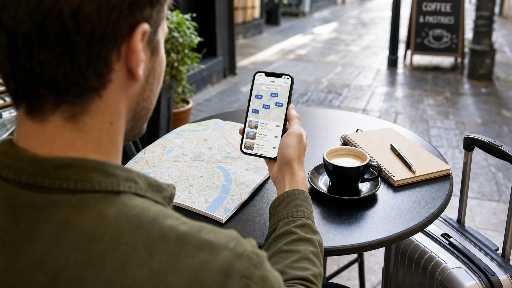 A traveler compares hotel neighborhoods on a phone while sitting at a small café table, with a city map, coffee cup, and luggage nearby. The phone screen faces the traveler correctly and shows a simple hotel map interface without readable brand names.