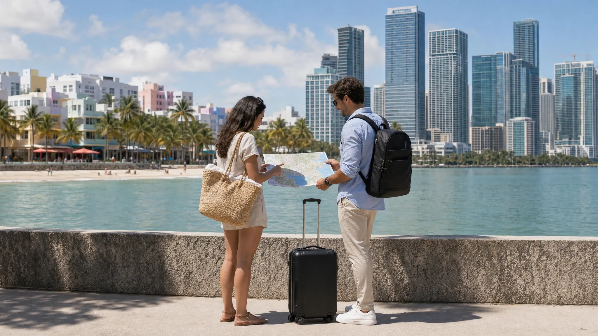 A Miami neighborhood comparison scene with South Beach palms and pastel hotels on one side, and Brickell glass towers across the bay on the other, with adult travelers comparing a beach bag, a business carry-on, and a city map at a waterfront overlook.