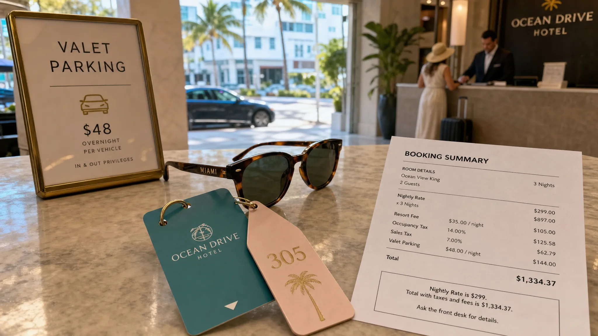 A Miami hotel front desk scene with a room key, luggage tag, beach sunglasses, a valet parking sign, and a printed booking summary showing taxes and fees, emphasizing the difference between nightly rate and final cost.