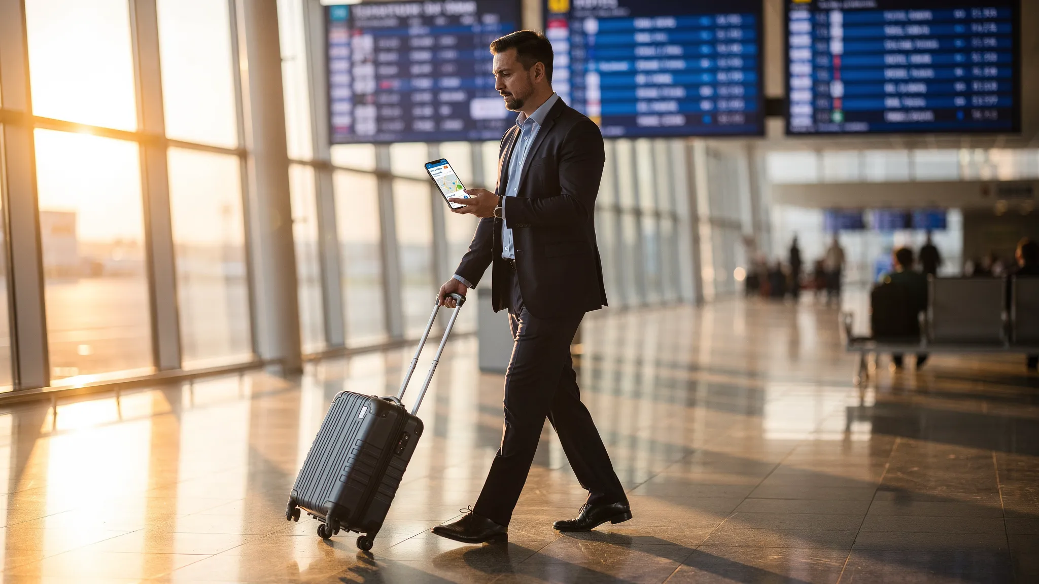 A business traveler rolling a carry-on through a bright airport corridor at dawn, holding a phone with a hotel search page open, with departure boards softly blurred in the background.