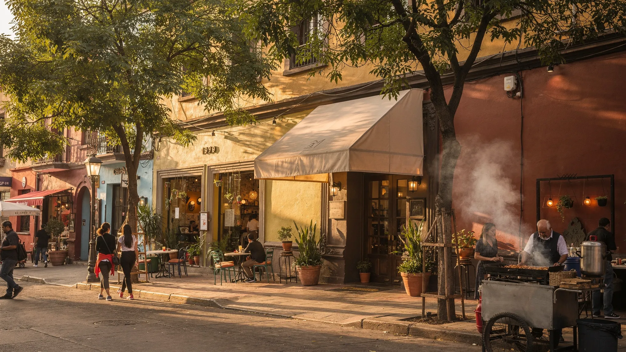 A vibrant Mexico City neighborhood street scene at golden hour with leafy trees, a boutique hotel entrance with a tasteful canopy, pedestrians walking past cafés, and a nearby street food stand sending up a gentle plume of smoke. The atmosphere feels lively, upscale, and local.